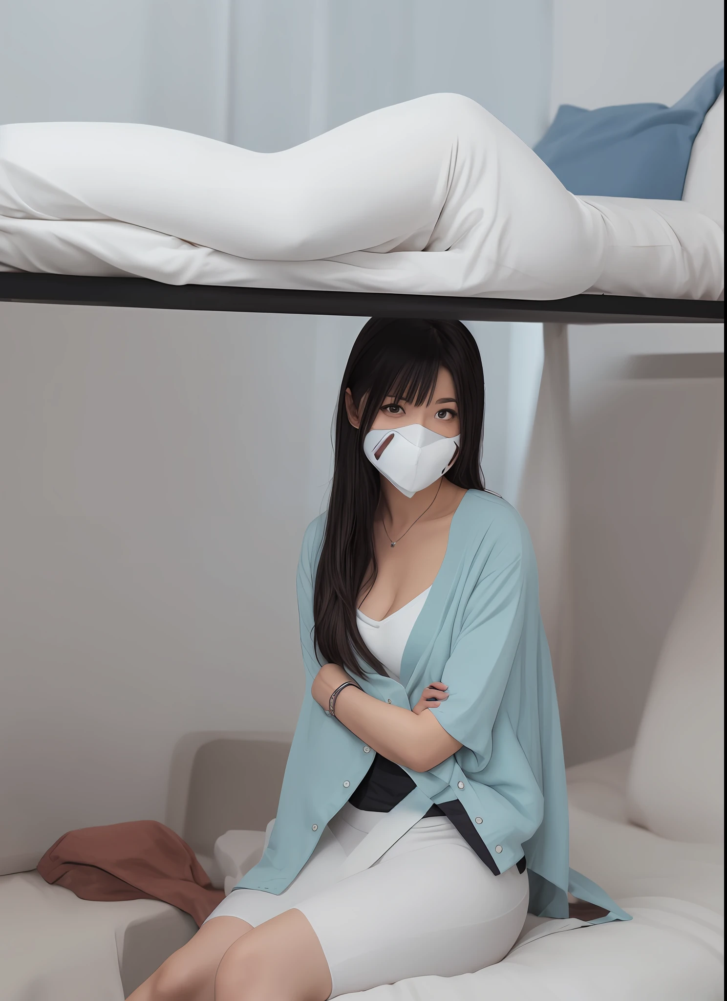 There is a woman sitting on the bed having，Wear a mask, smooth white tight clothes suit, 8K)), (sfv) safe to work, wearing dirty travelling clothes, komono, the robot wearing her human mask, sit on a bed, 4 k'' ], 4K], Sitting on the bed, 19-year-old girl