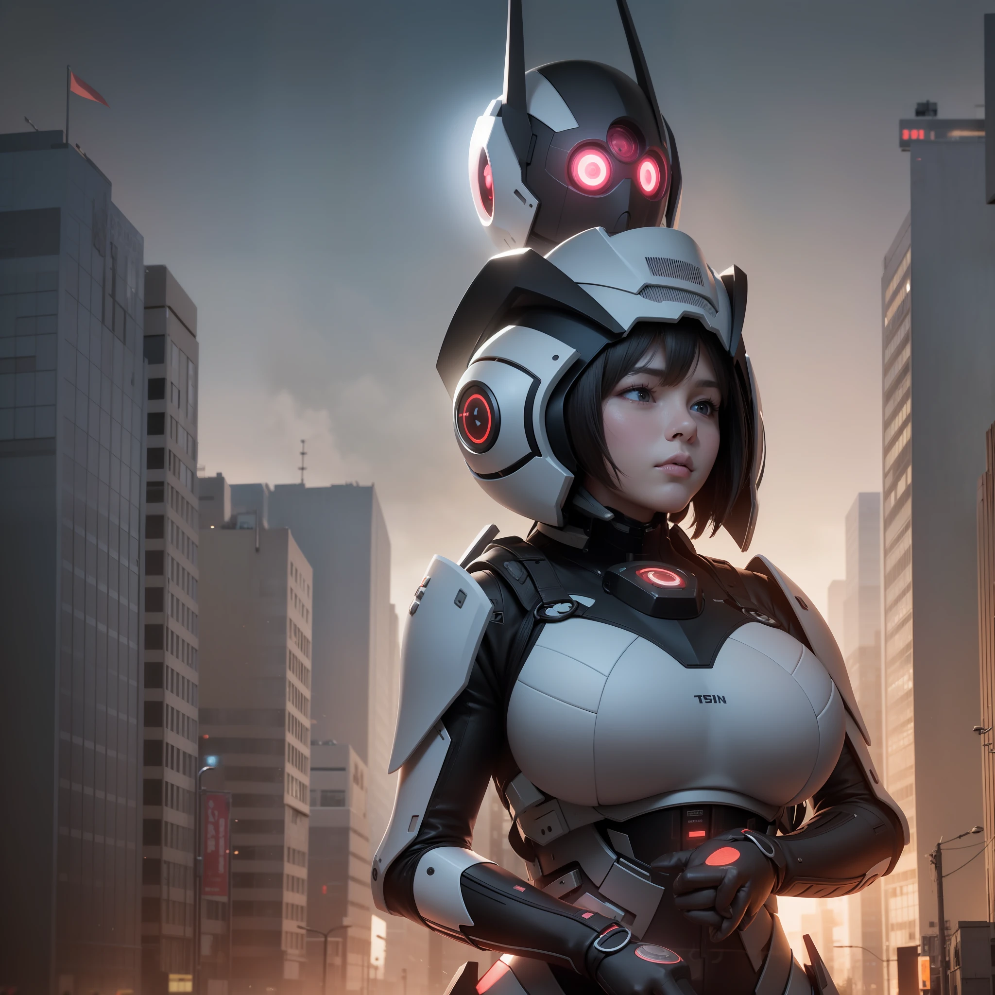 ((best qualtiy)), ((tmasterpiece)), ((Realistis)), (A detailed), (realisticlying:1.5), A futuristic girl, (Thick stature), (white straitjacket), Lights on armor, Cybernetic headdress, looking at viewert, dynamicposes, postapocalyptic, Destroyed city background, Buildings on fire, scientific fiction, HDR, Ray traching, NVIDIA RTX, Hyper-Resolution, Unreal 5, sub surface scattering, PBR textures, Post-processing, Anisotropic filtering, depth of fields, Maximum clarity and sharpness, trichotomy,8K original,(Luminous Particle:1.4),(VerydetailedCG,Unity 8k壁纸,3D,cinmatic lighting,lens flare glow),Reflectors,Sharp focus,Cyberpunk art of a,cyberpunk building,Anime