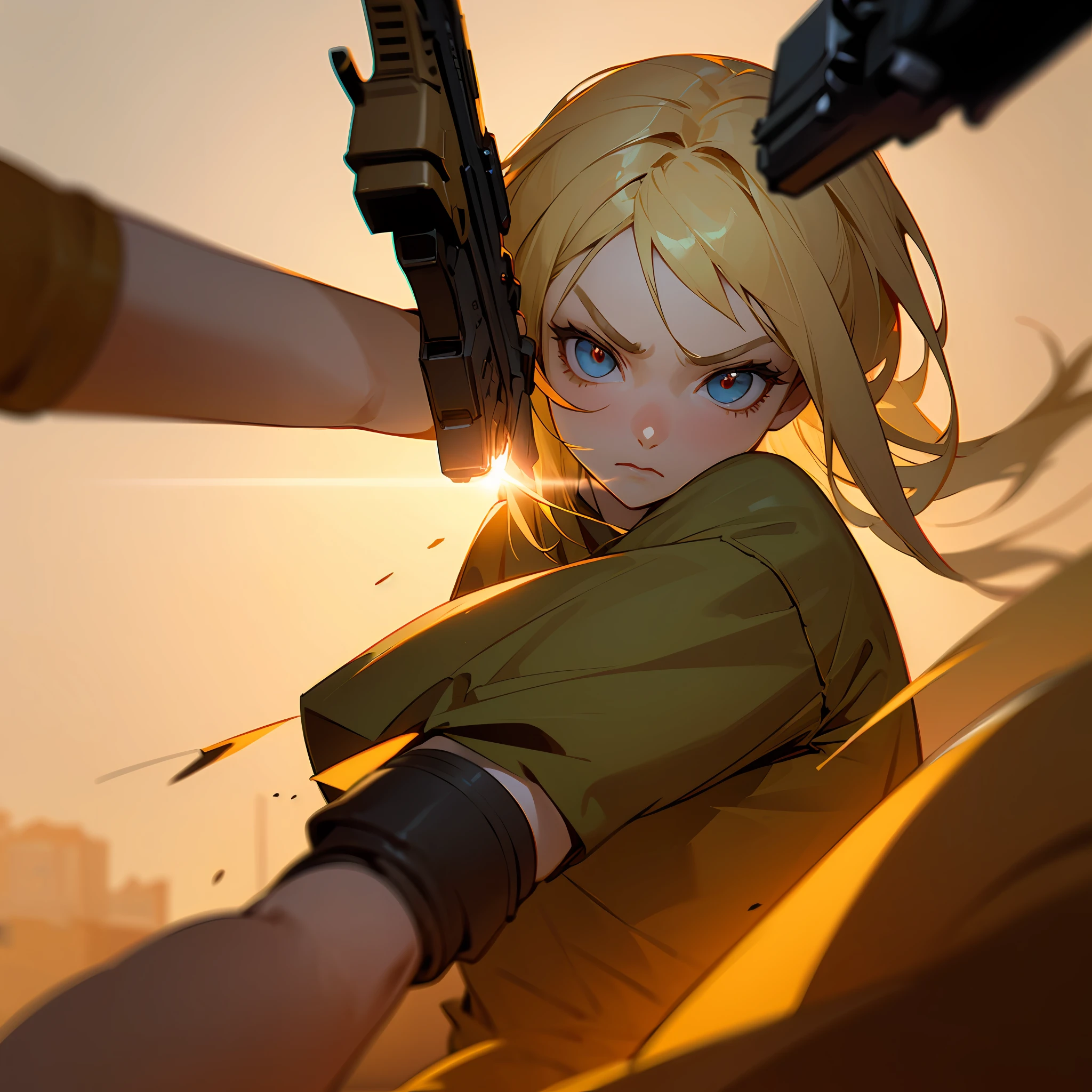 (masterpiece), best quality, ultra-detailed, realistic portrait, (1girl), high-key lighting, golden sunlight, (blonde hair:1.2), holding pistols, action pose, fierce expression, industrial backdrop. --auto