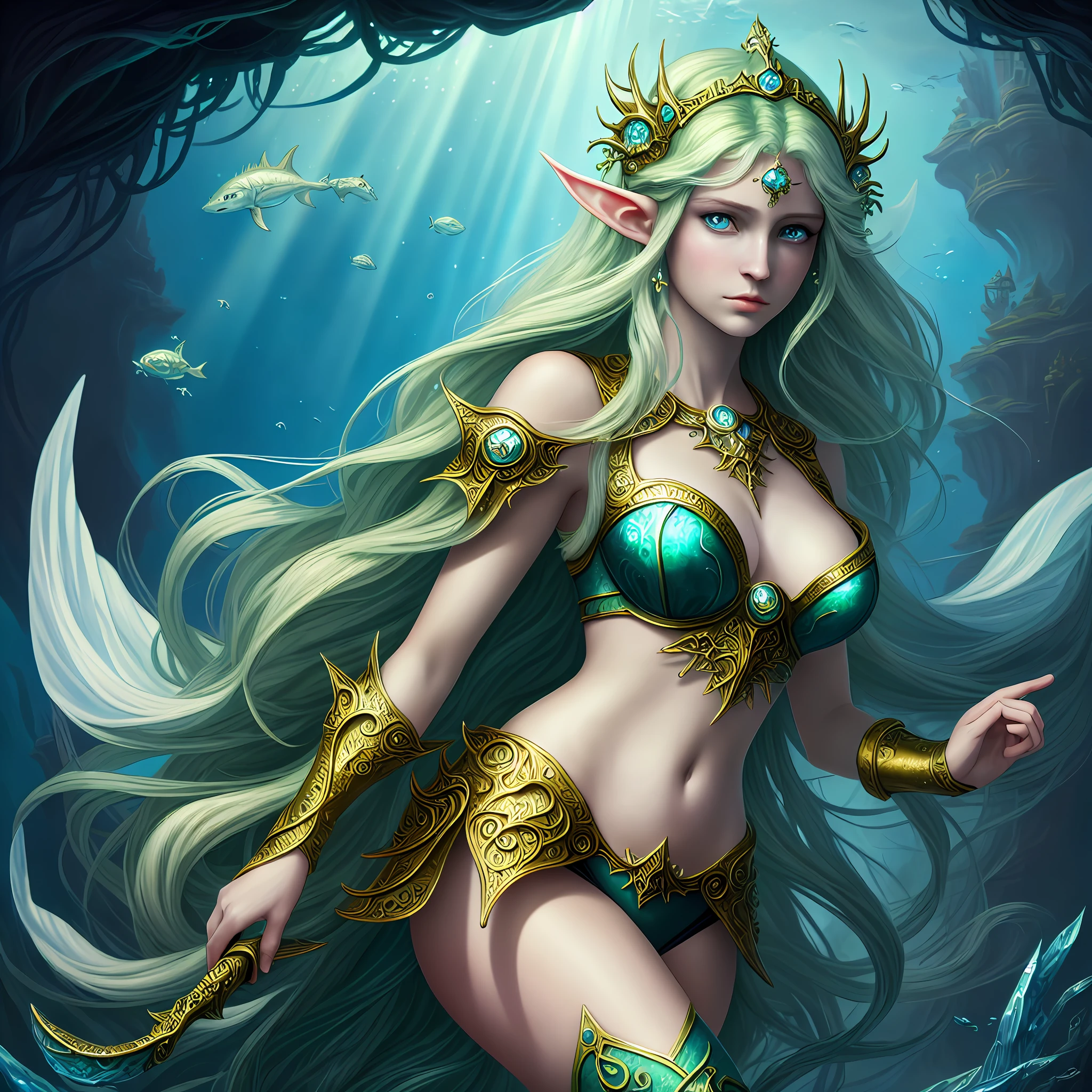 fantasy art [[undersea art 1.6]] (masterpiece:1.5), highly detailed, best quality, highres, [undersea] castle underwater(1.6 best details, fantasy art, Masterpiece, best quality) [[undersea scene]] female, elf  [anatomically  best detailed] (1.6, fantasy art, Masterpiece, best quality), ultra feminine, druid, cleric of sea, (1.4 intricate details, fantasy art, Masterpiece, best quality) with a long curvy hair, light green hair, blue eyes, (fantasy art, Masterpiece, best quality), ((beautiful delicate face)), Ultra Detailed Face (1.6 intricate details, fantasy art, Masterpiece, best quality), an undersea setting background, fantasy sea, underwater light, [[natural sea life elements]], sun rays,  dynamic atmosphere, soft light, dynamic light, high details, best quality, 8k, [ultra detailed], masterpiece, best quality, (extremely detailed), dynamic angle