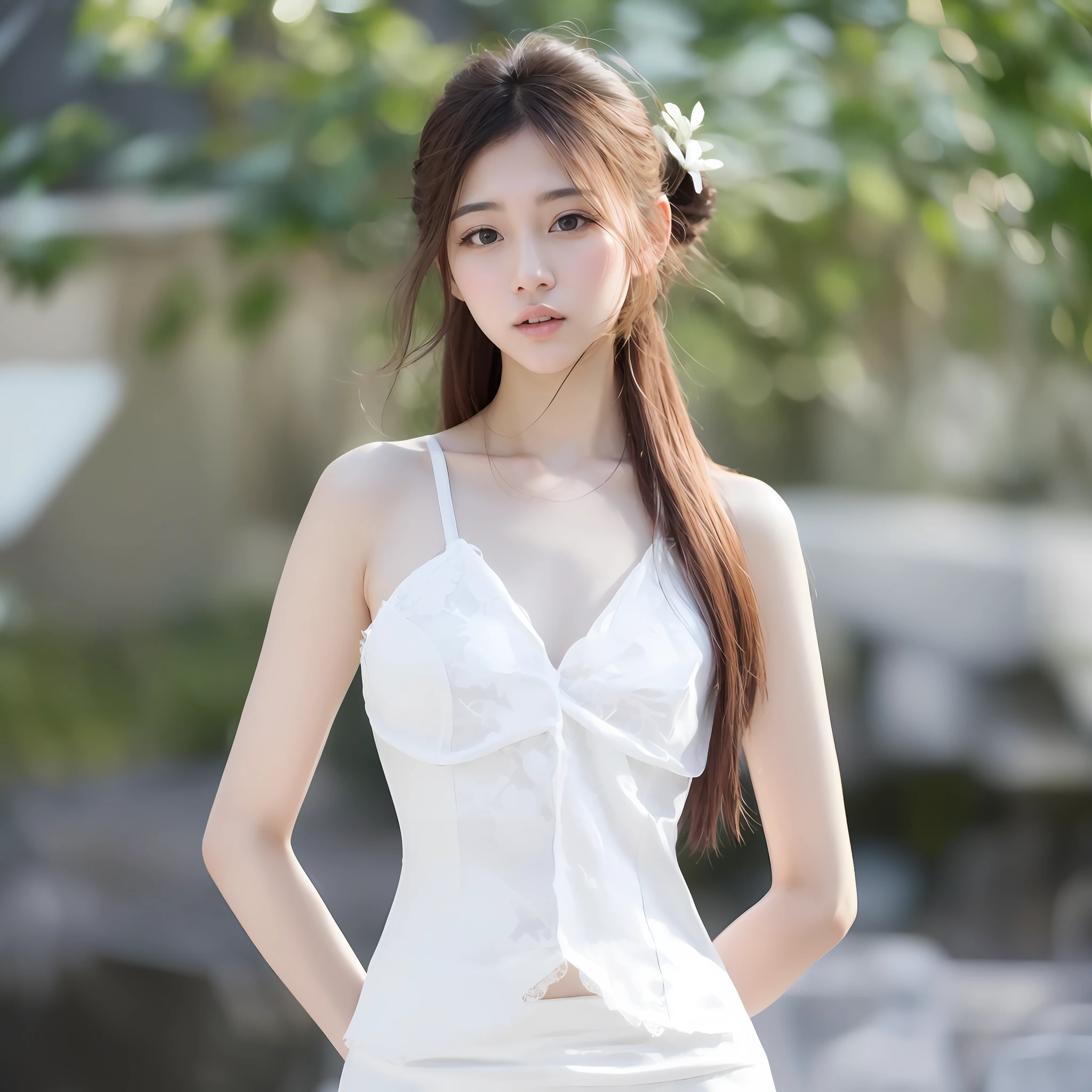 araffe asian woman in white dress posing for a picture, Gorgeous young Korean woman, beautiful Korean women, Beautiful young Korean woman, photo of slim girl model, dilraba dilmurat, wearing white camisole, gorgeous chinese models, Shin Jinying, Korean girl, korean women's fashion model, Choi Hyun-hwa, pale milky white porcelain skin