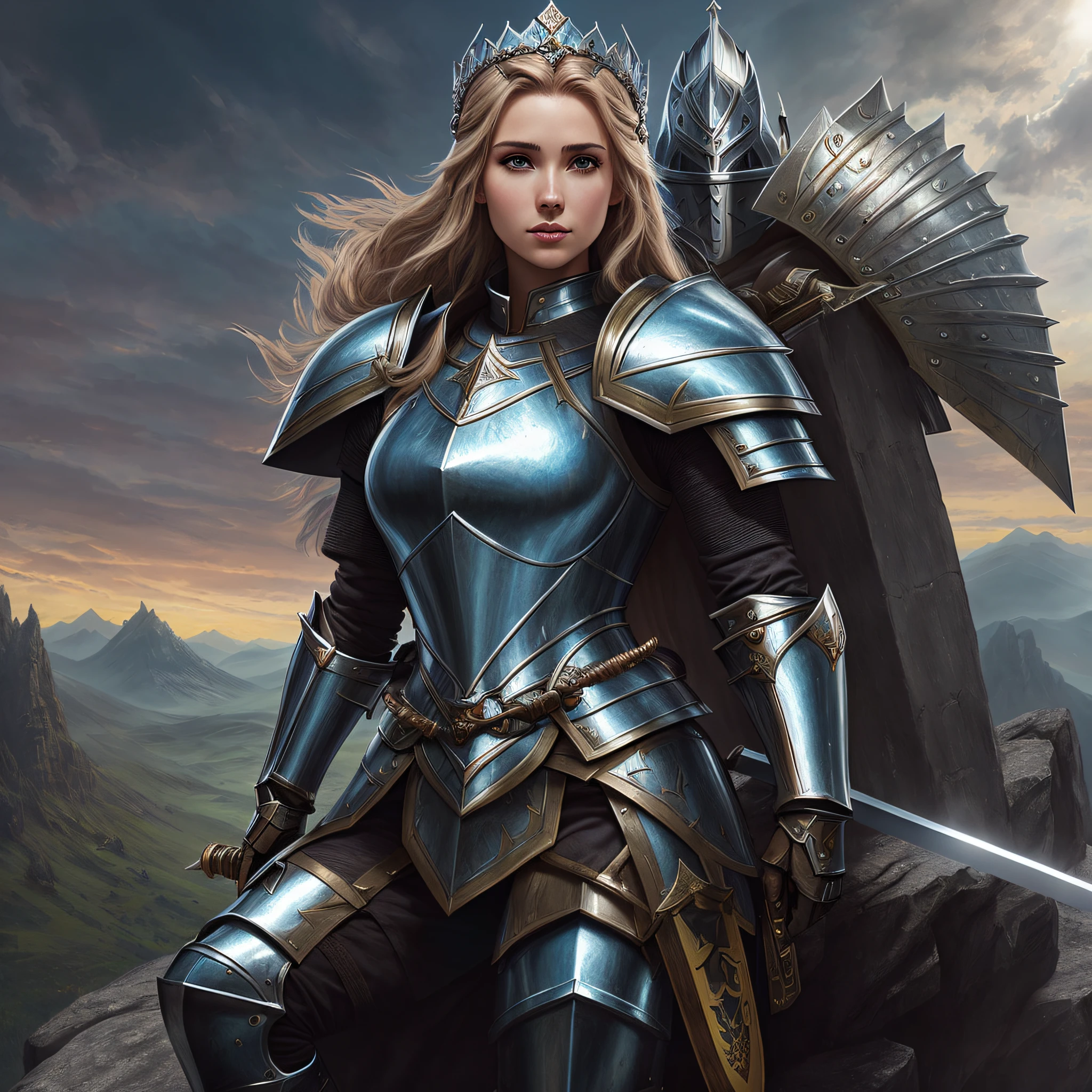 (Beautiful female knight in armor，Armed with a sword and shield，Carrying a crown，Sitting on the top of a mountain，fantasy paladin man，4K fantasy art，graphic artist magali villeneuve)，diadems