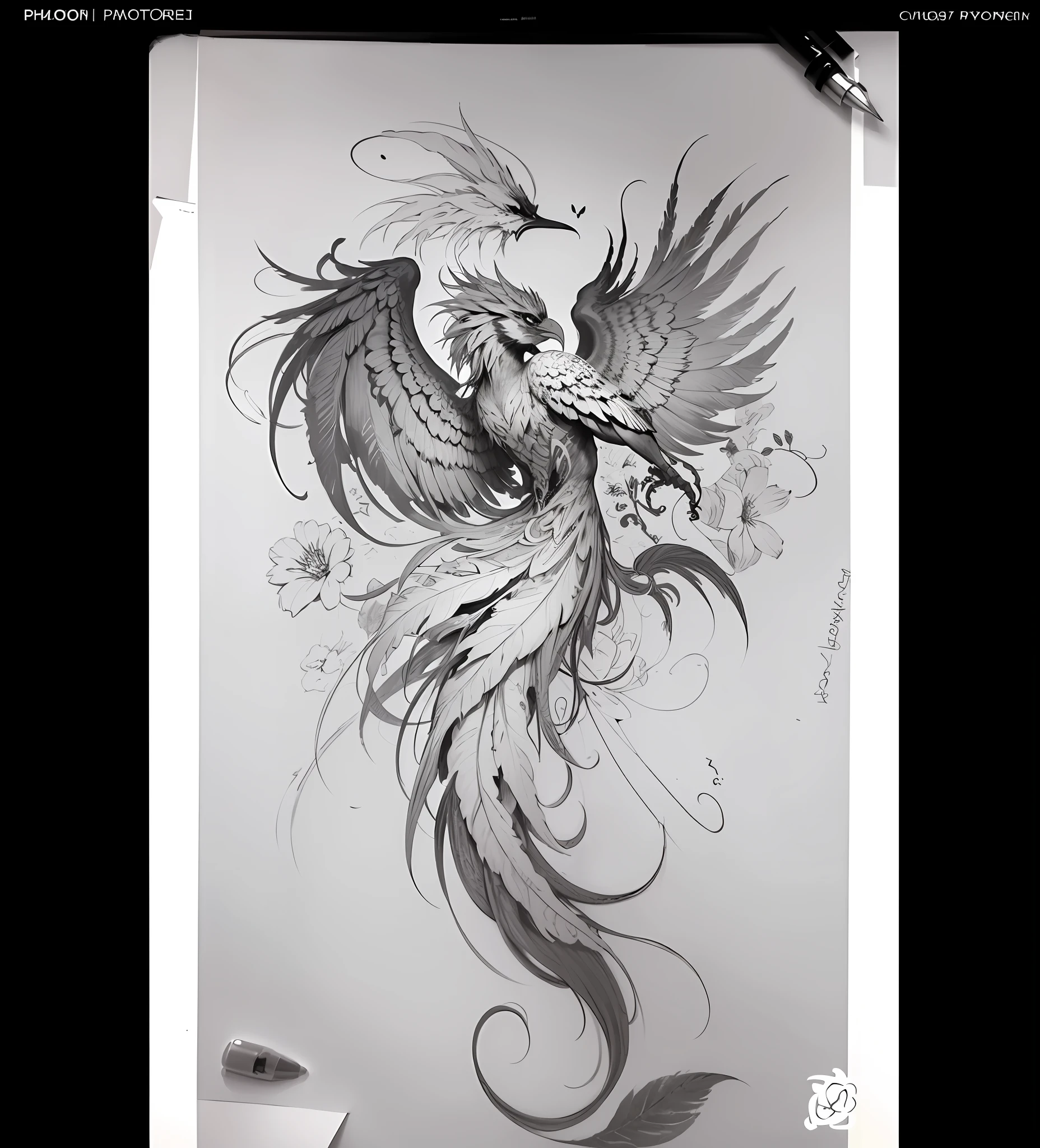 Picture of phoenix with flowers，tattoo design, concept tattoo design, artwork of a phoenix, tattoo design sketch, tattoo sketch, tattoo sketches, medium sized tattoo sketch, Realism tattoo sketch, realism tattoo drawing, inked drawing, sketch tattoo, Pinterest tattoo, realism tattoo design，((Head up)),((There are no faces))，escala cinza.Mono Color