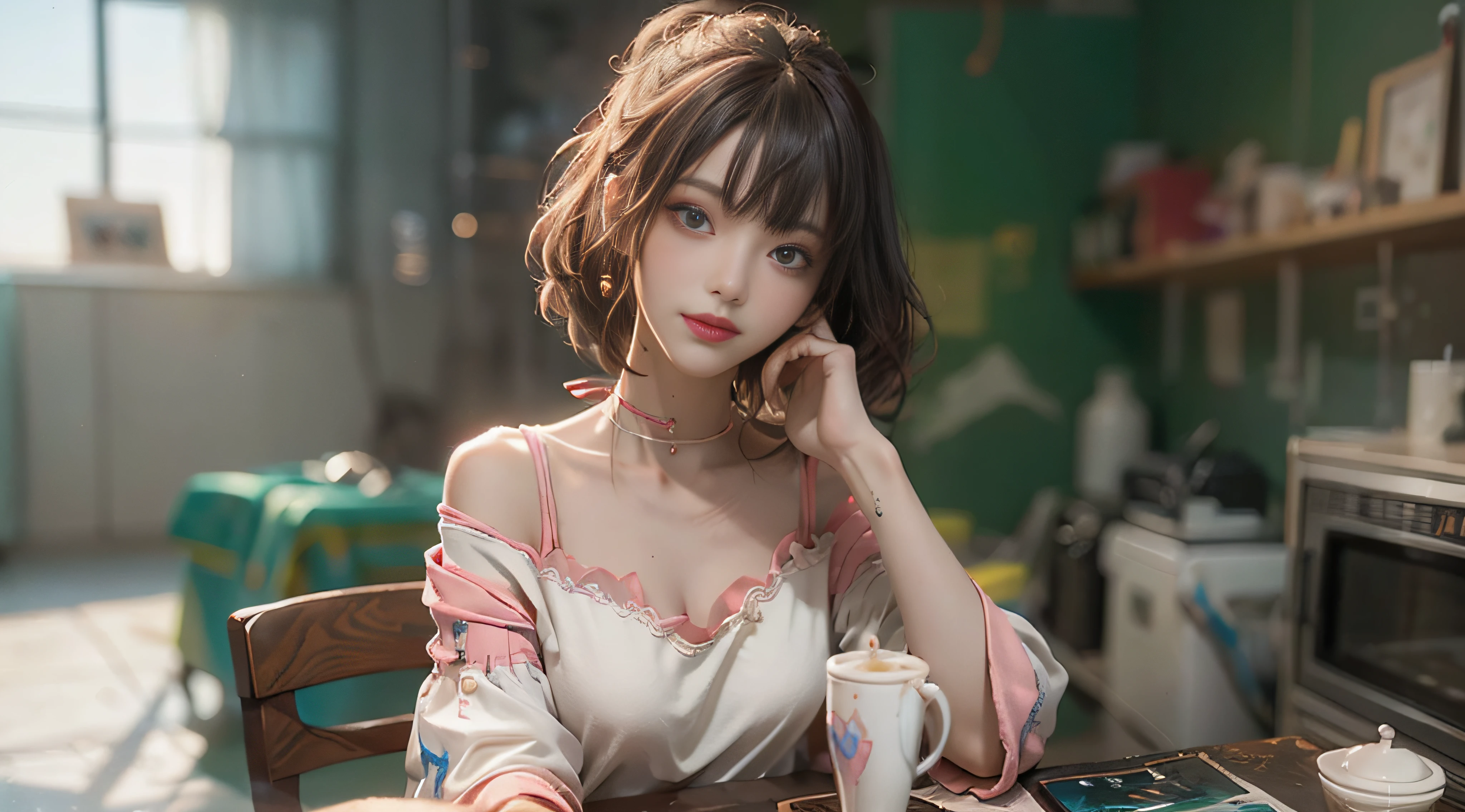 ((Best Quality)), ((Masterpiece)), (Detail: 1.4), 3D, Beautiful Cyberpunk Female Image, HDR (High Dynamic Range), Ray Tracing, NVIDIA RTX, Super Resolution, Unreal 5, Subsurface Scattering, PBR Texture, Post-Processing, Anisotropic Filtering, Depth of Field, Maximum Sharpness and Sharpness, Multi-layer Texture, Albedo and Highlight Mapping, Surface Coloring, Mitsu-Accurate Simulation of Material Interactions, Perfect Proportions, Octane Rendering, Two-color Light, Large Aperture, Low ISO, white balance, regular three-point, 8K RAW, beautiful bright pupils, off-the-shoulder clothes, fine pupils, delicate face and eyes, long eyelashes, blush, delicate and fluffy hair, pink lips, pure, cute, sweet girl, artistic sense, casual wear, high-end sense