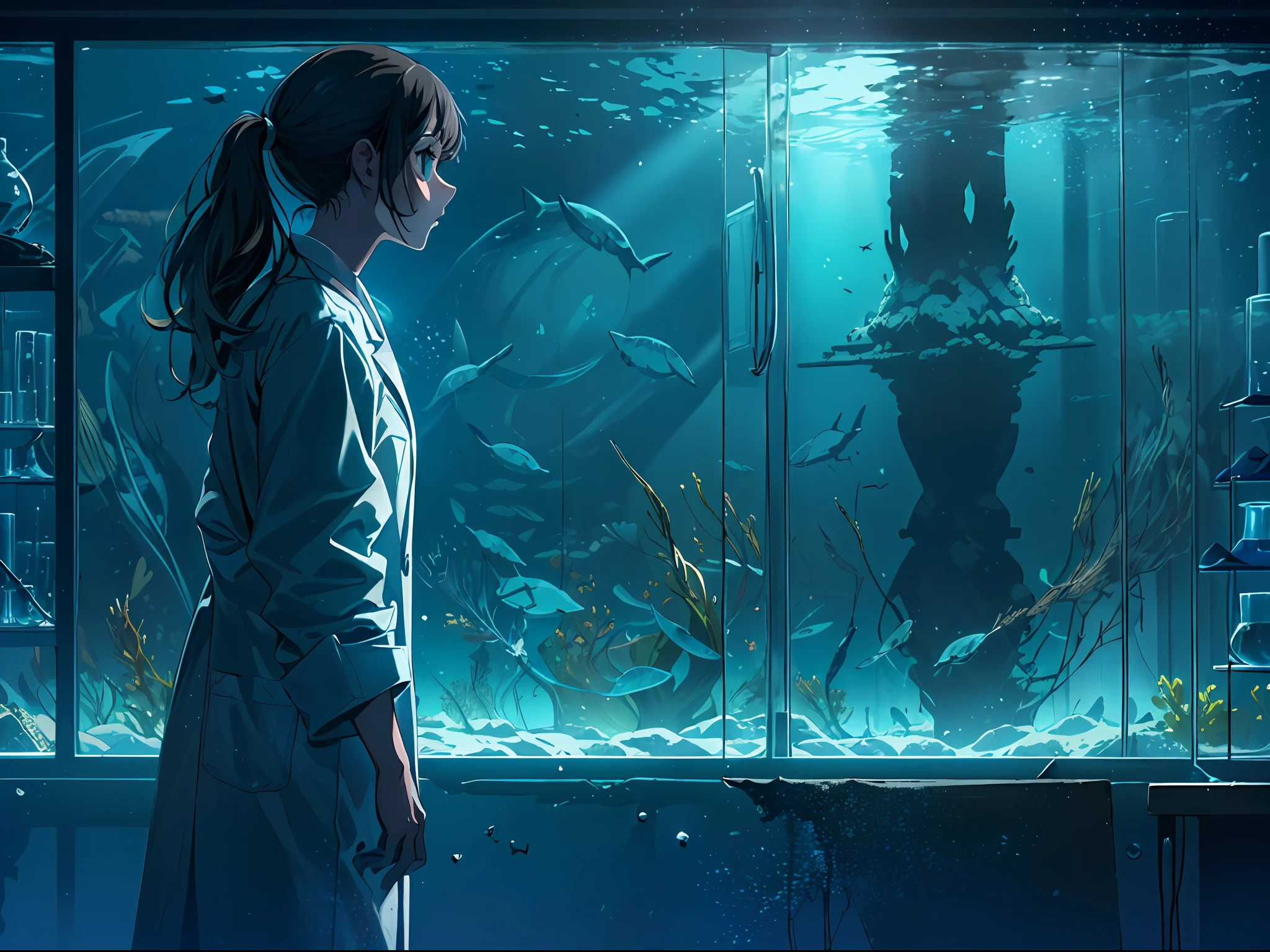 (masterpiece, 4k ,ultra detailed:1.2),illustration, (shadow,backlighting:1.2), (simple background:1.4), ADDBASE (indoor,science_fiction,base,lab:1.2) ,(black background:1.2), (1girl standing next to window:1.2),(lab coat:1), (full_body),(from behind:1),(glass wall,oversized window:1.2),(blue background:1.2), undersea, underwater, immersed,