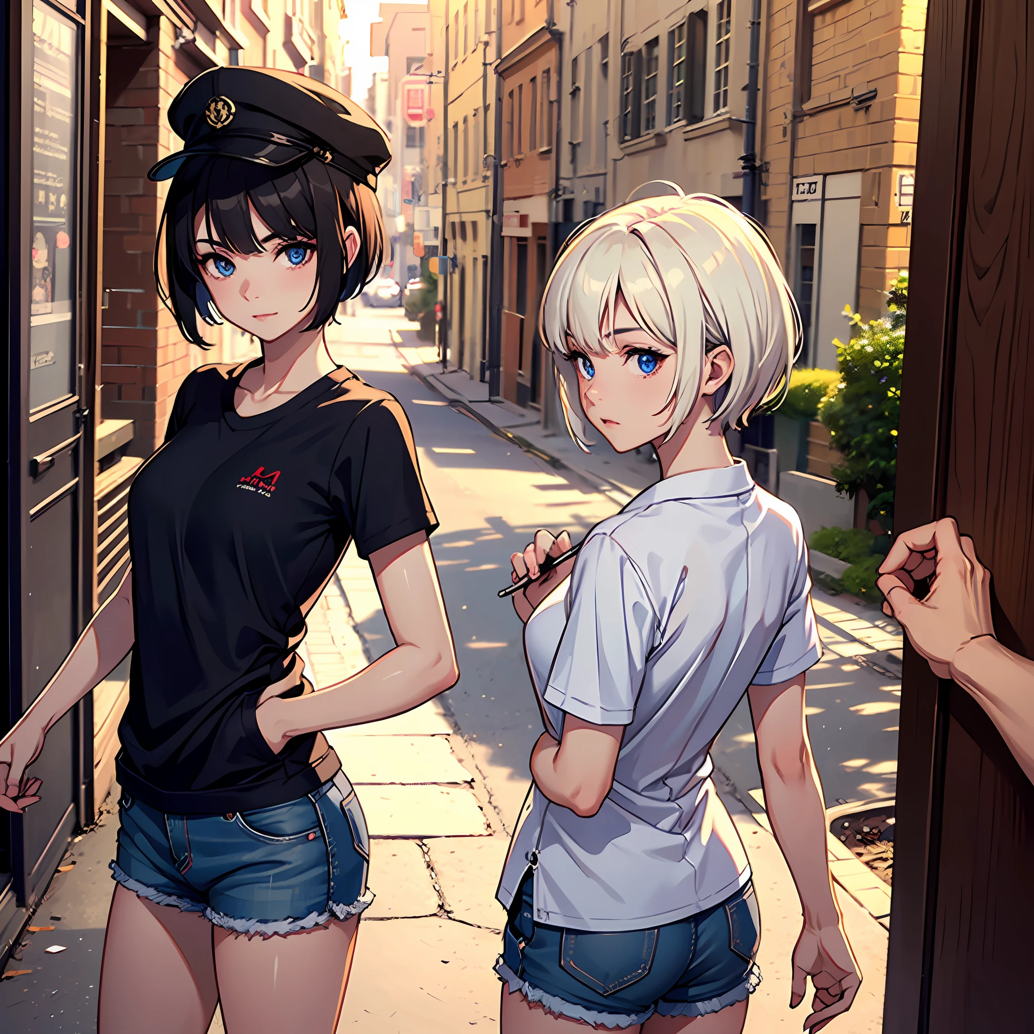 ((Best Quality, 8K, Masterpiece: 1.3)), (Japanese Cap: 1.3), Focus: 1.2, Perfect Body Beauty: 1.4, Buttocks: 1.2, (Layered Haircut: 1.2)), (Dark Street: 1.3), Highly Detailed Face and Skin Texture, Fine Eyes, Double Eyelids, Whitened Skin, Long Hair, (Round Face: 1.5), (Short Sleeves, Shorts: 1.6)