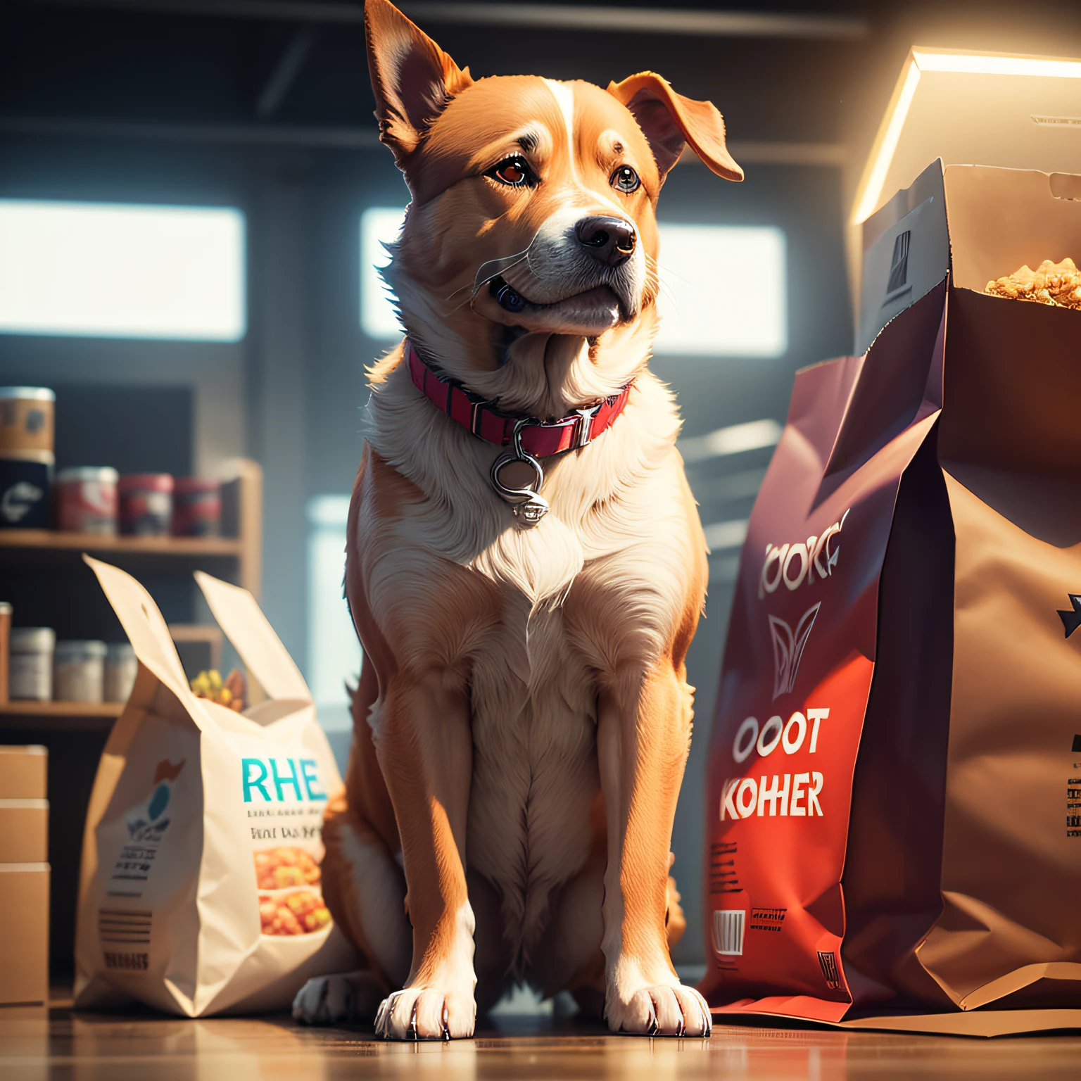 a dog next to a bag of food, soft volumetric lights (retroiluminação: 1.3), (kinematics: 1.2), detalhes intrincados (ArtStation: 1.3), 8k, ultra qualidade, hiper-realista, foto --auto