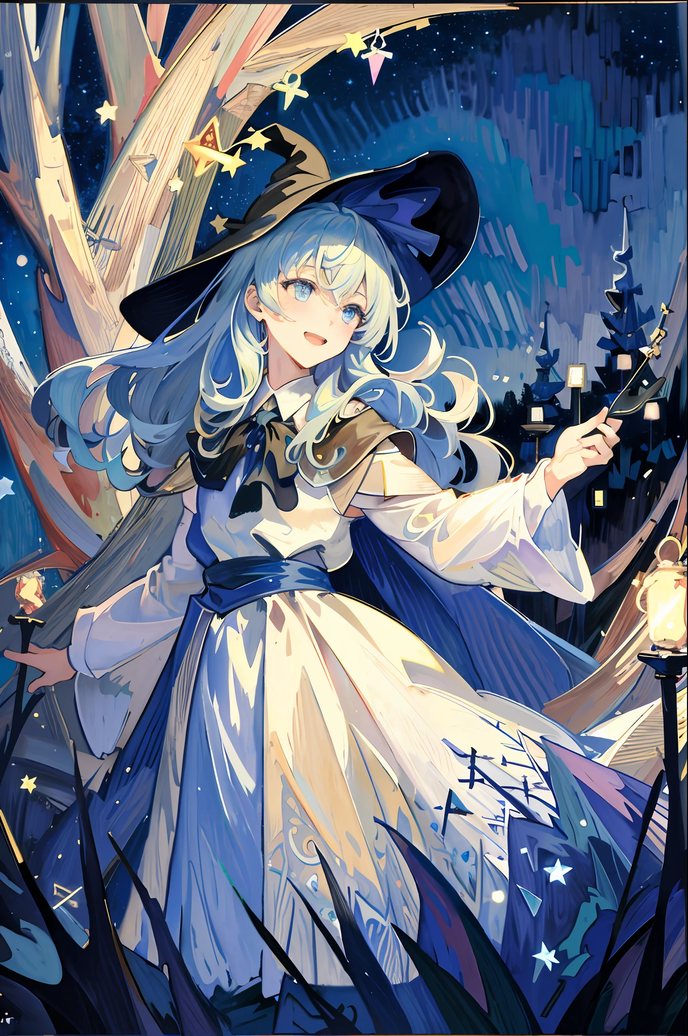 ((Masterpiece:1.2, Best quality)), 1girll, Solo, (Witch hat), Blonde hair, Long hair, dress, aurora, Night, Star (sky), mitts, sky, White dress, Night sky, Open mouth, Starry sky, Blue eyes, ribbon, Very long hair, Red dress, Smile, Hair ribbon, Cape, Blue hair, (Bird), magic, casting spell, Dark clouds, Night, (Impressionism:1.4), (tarot:1.3), Alphonse Mucha,