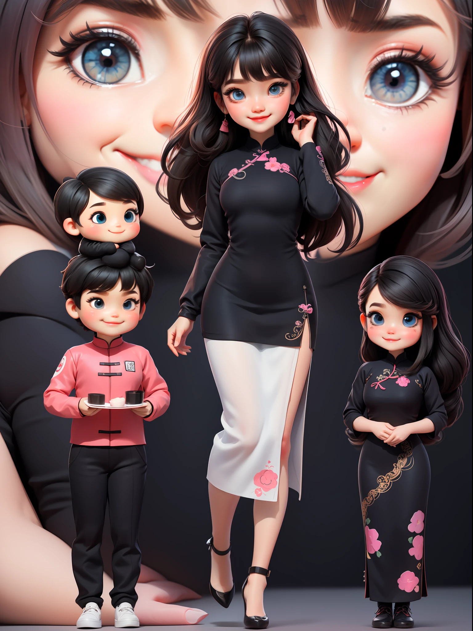 (Masterpiece), (Best Quality), (Super Detail), (Full Body: 1.2), 1 Girl in aodai tradition vietnam, Chibi, Cute, Smile, Colorless Background, Blush, Straight Hair, Long Hair, Blurry, Black Hair, Blush Stickers, Bangs, (Beautiful Detailed Face), (Beautiful Detailed Eyes), Full Body,
