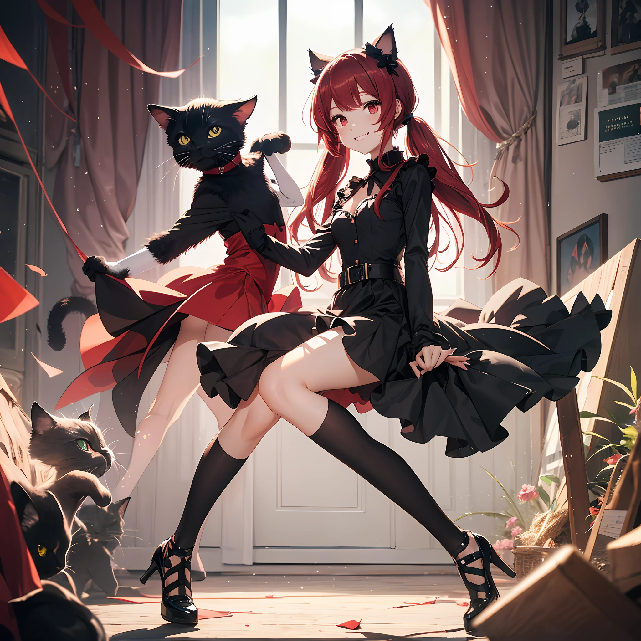Anime filling,Two-dimensional illustration,Red hair,Half Twin Tail,shorth hair,Big eyes,A smile,a beauty girl,cute little,Super Cute,Black cat ears,Red Eyes,Ruffled Clothes,Black lace clothes,Inner colorGreen,One girl,Full body painting,A masterpiece of 2D art --auto