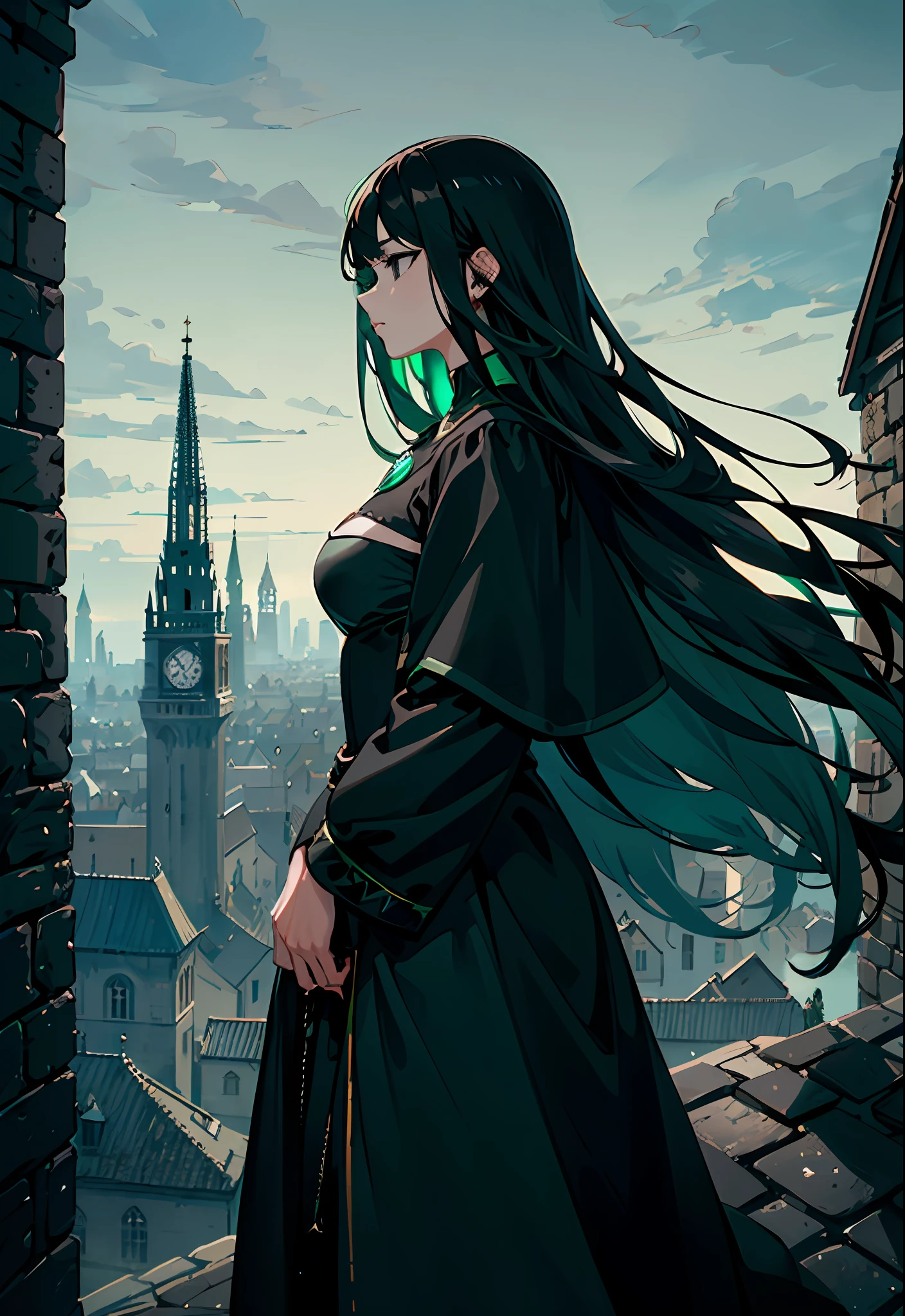 (best illumination:1.1), (long straight black hair:1.3), (black eyes:1.3), (seen from the side:1.4), 1girl, adult woman, serious face, (medieval black dress with emerald green details:1.4), medium breasts, standing on a tower balcony, looking over a  medieval city in background, rain, dark background