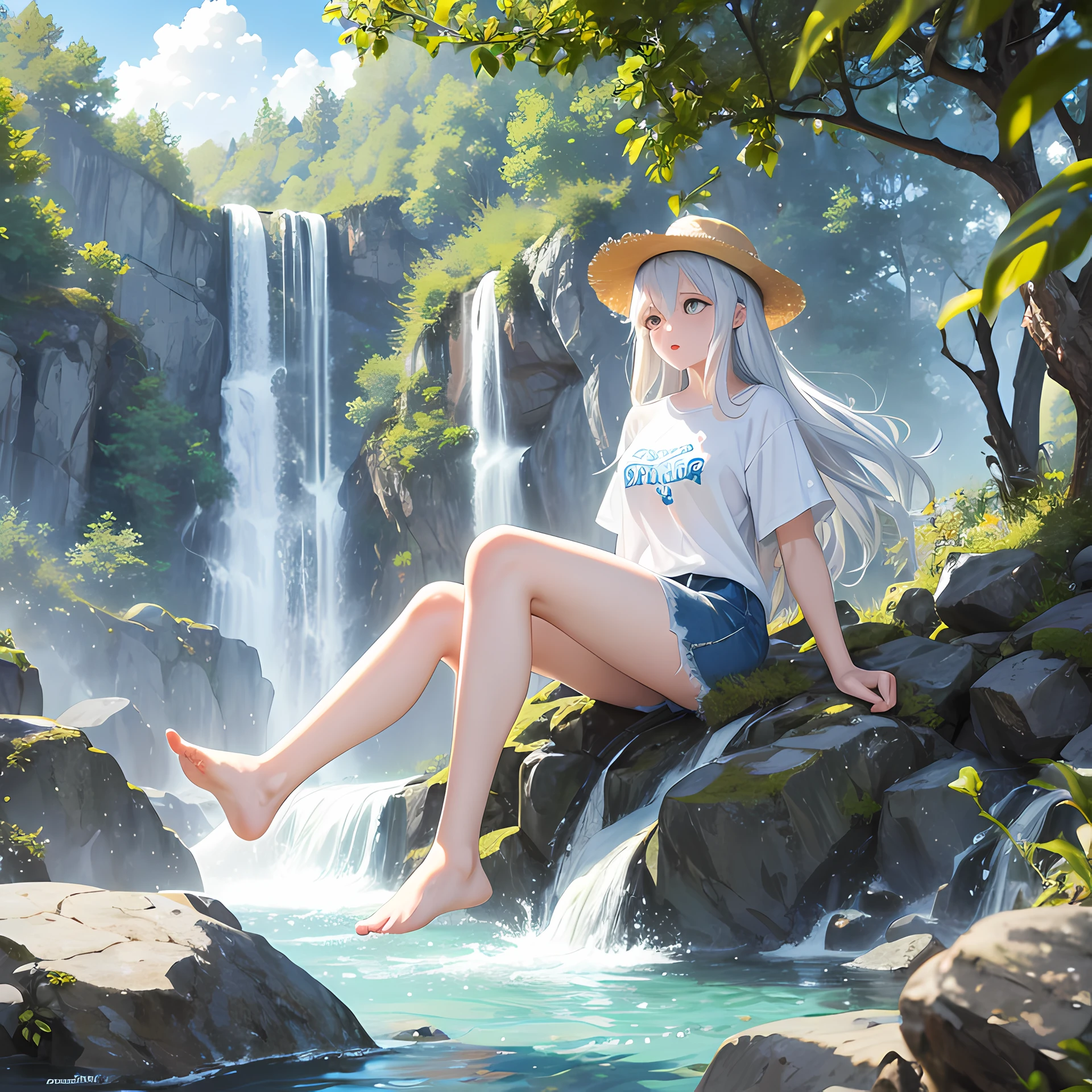 Next to the cascading waterfall,Listen to the sound of water,A 20-year-old female high school student,Hold on to the fence,With a straw hat。appearance:A white short-sleeved T-shirt,Extra-short jeans,Beth,athletic sneakers,Hair color:Silvery-white hair。skin tone:White-yellow。Pupil color:golden colored。body high:170。nature:Playful,having fun,Blood,rejoice,exhilarated。boobgasm:C。One guy。waterfallr,with blue sky and white clouds,water elemental --auto