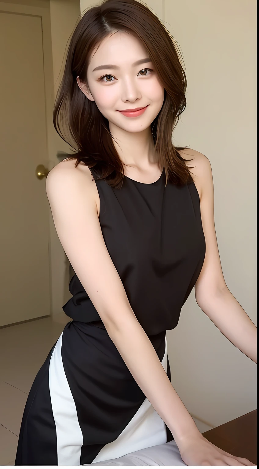 ((Best Quality, 8K, Masterpiece: 1.3)), 1 Girl, Slim Abs Beauty: 1.3, (Hairstyle Brown Hair Shortcut, Big: 1.2), Dress: 1.1, Super Slender Face, Delicate Eyes, Double Eyelids, Smile, Home, Raw Photo