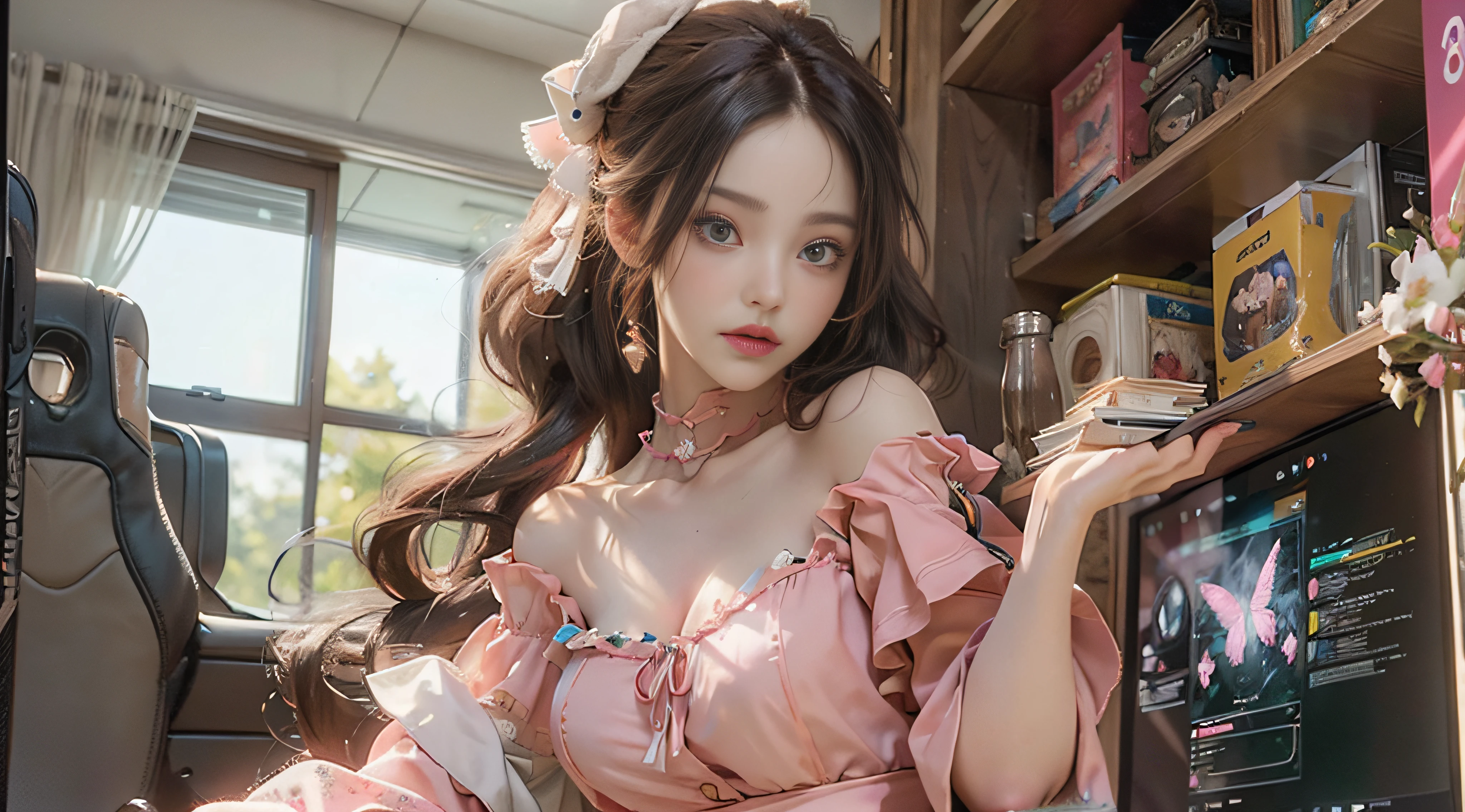 （（best qualtiy））， （（tmasterpiece））， （detail：1.4）， 3D， Beautiful cyberpunk female images，hdr（HighDynamicRange），Ray traching，NVIDIA RTX，Hyper-Resolution，illusory 5，Sub-surface scattering，PBR textures，post-proces，Anisotropy Filtering，depth of fields，maximum definition and sharpness，Many-Layer Textures，Albedo e mapas Speculares，Surface coloring，Mitsu-Accurate simulation of material interactions，perfectly proportioned，rendering by octane，Two-colored light，largeaperture，Low ISO，White balance，Rule three points、8K raw data、beautiful bright pupils，off-the-shoulder clothes，Fine pupils，Delicate face and eyes，long eyelasher，Blushlush，Delicate and fluffy hair，Pink lips，Pure，Cute big breasts，Sweet girl，Artistic sense，Casual wear，Advancedsense，butterflys，Cherry blossom petal，Beautiful hair accessories