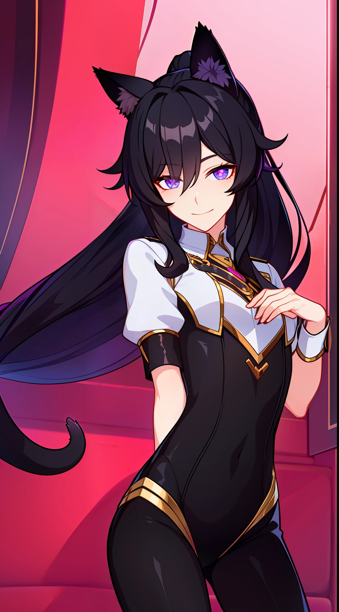 Young guy, Long black hair, high ponytail, violet eyes, cat ears, Smile, Thief Uniform, open torso, Masterpiece, hiquality