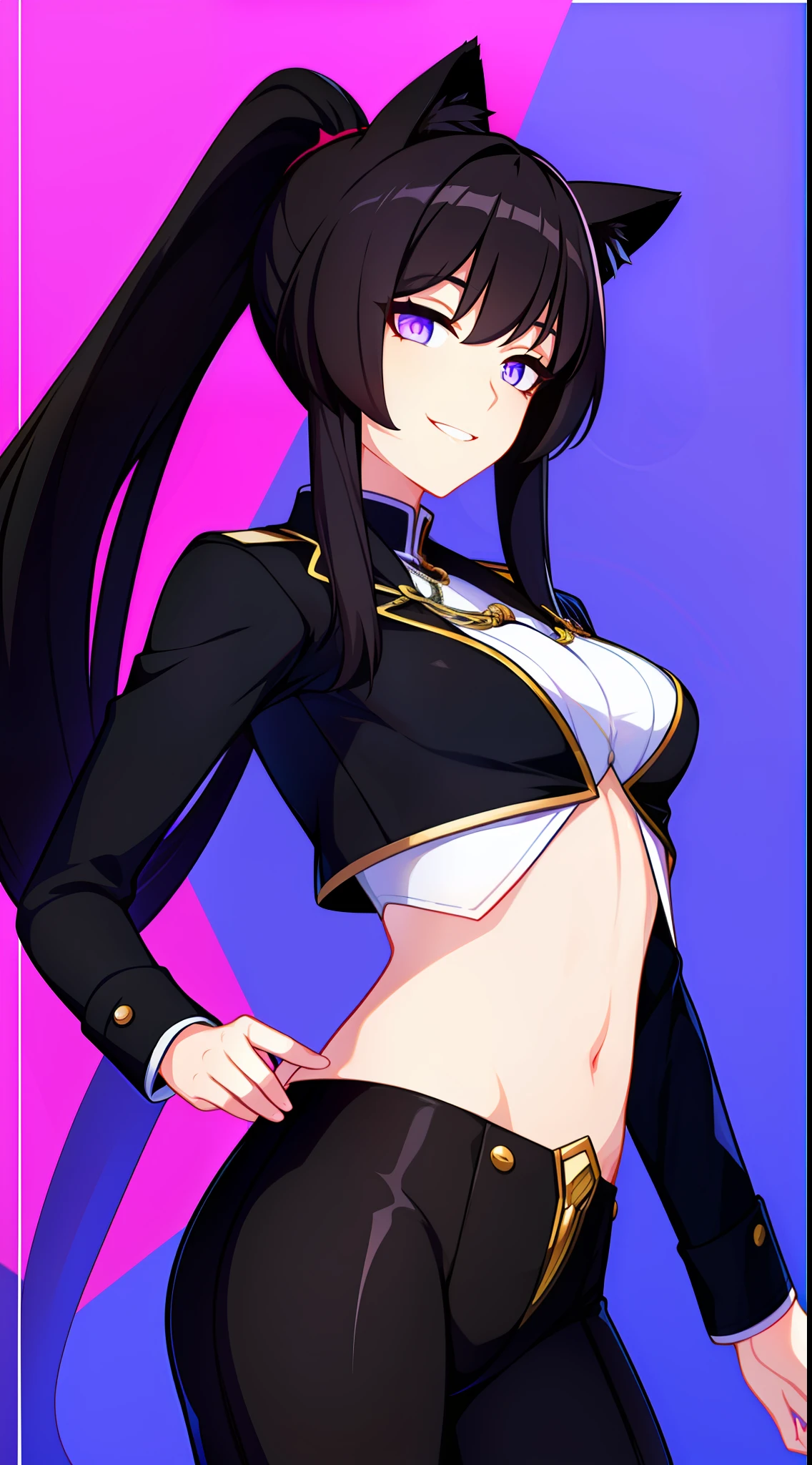 Young guy, Long black hair, high ponytail, violet eyes, cat ears, Smile, Thief Uniform, open torso, Masterpiece, hiquality