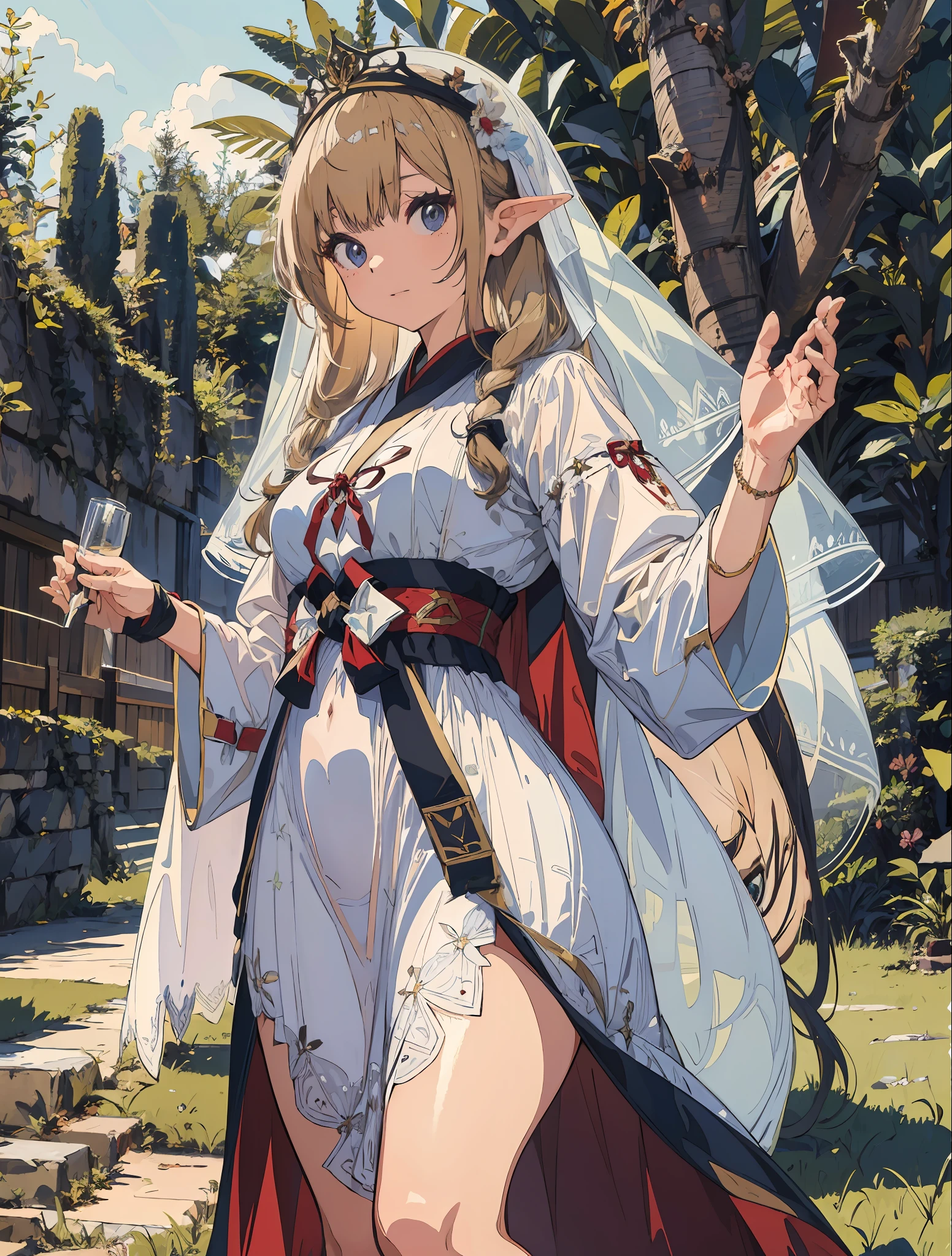 masterpiece, high quality, best quality, beautiful, hd, perfect lighting, detailed face, detailed body, 1 girl, solo, wearing a white dress and veil posing for a picture, white hanfu, ethereal beauty, a beautiful fantasy empress, very beautiful elven top model, beautiful costume, ((a beautiful fantasy empress)), beautiful maiden, fantasy style clothing, lovely bohemian princess, hanfu, ancient white dress, beautiful fantasy maiden, beautiful goddess, white and gold priestess robes