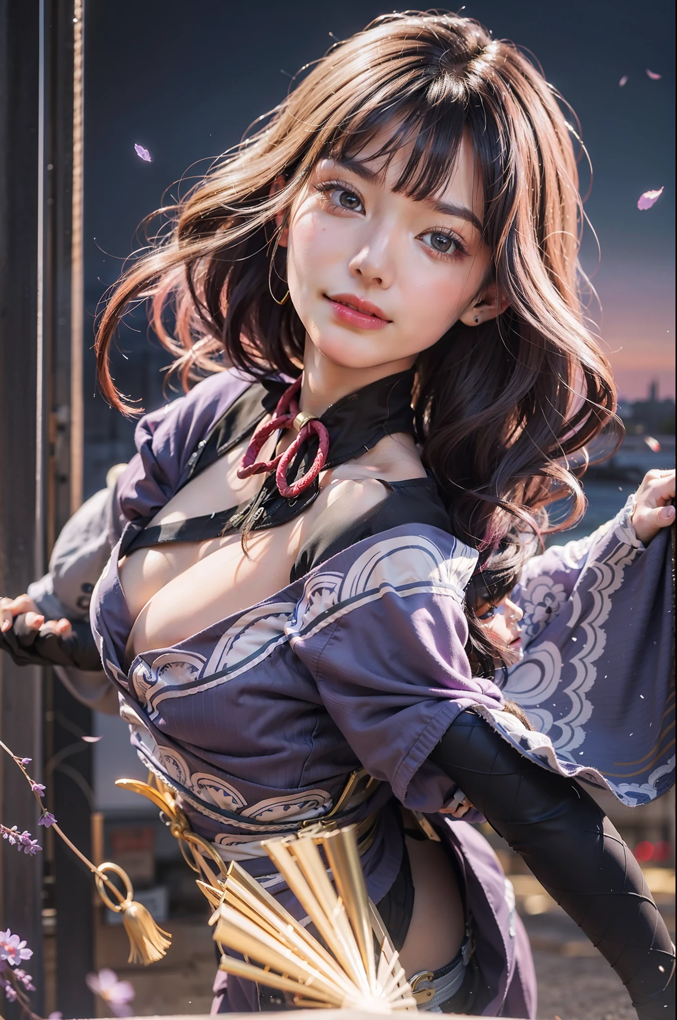 raiden shougun, masterpiece, best quality, ultra detailed, very detailed, candid shot, colorful, realistic lighting, 1girl, tall female, golden ratio, upper body, solo, very detailed, 4k, 8k, light background, purple hair, illustration, 1girl, flowing hair, short bangs, single medium-length braid, single hair ornament, single long sleeve, japanese outfit, light purple kimono, dark purple thigh-high stockings, single short sleeve, lavender eyes, single short sleeve, lavender nail polish, beautiful detailed eyes, black thighhighs, delicate beautiful face, high saturation, no extra arms, no extra legs, colorful splashes, shining, ultra detailed, blue sky, ancient city, ancient east asian architecture, sunrise, full body, dynamic pose, light smile, closed mouth, flowing, upper body, dynamic pose, light smile, closed mouth, flowing, standing, dynamic pose.