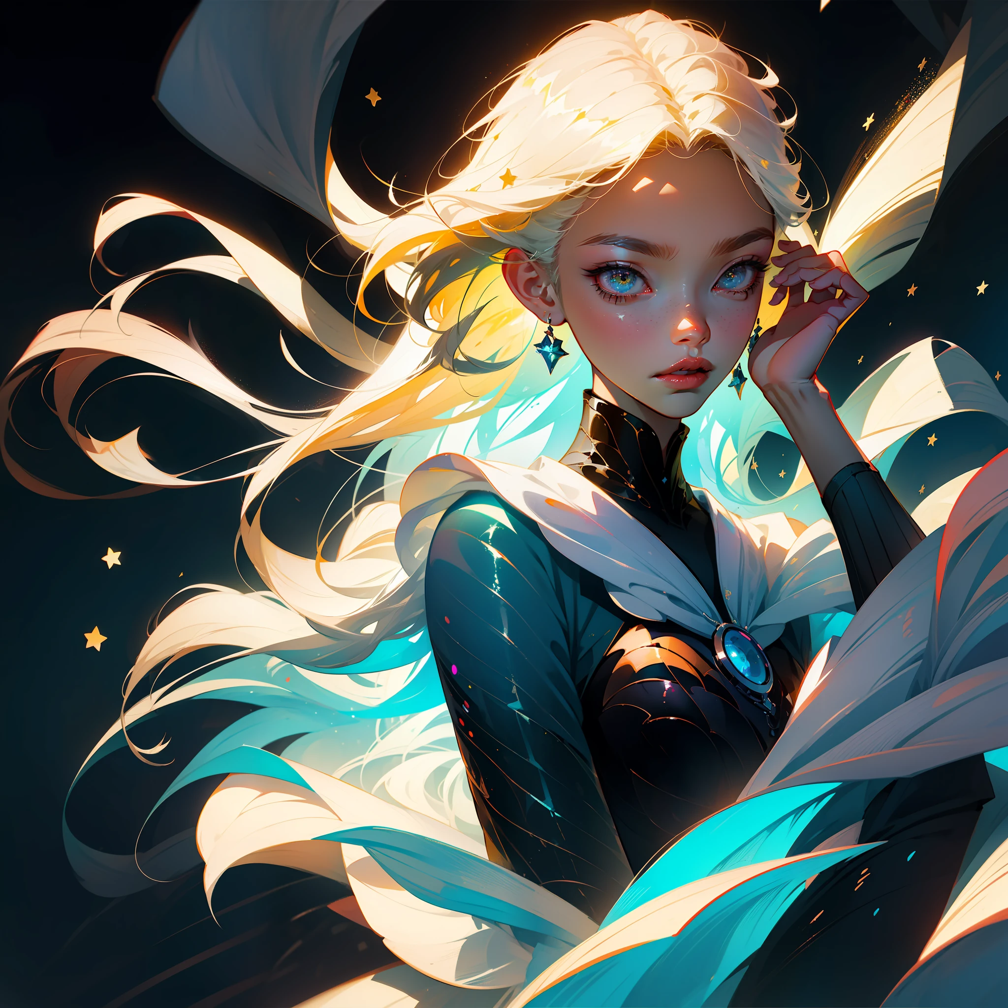 Anime girl with yellow hair and yellow eyes and stars on her head, Rossdraw portrait, rossdraws 1. 0, rossdraws 2. 5, :: rossdraws, wlop rossdraws, ArtStation Pixiv ArtGerm, rossdraws digital painting, rossdraws 2. 0, rossdraws cartoon vibrant, ArtGerm. Anime Illustration, Pixiv masterpiece::1.5 ,detaileds,light Particle,glitch effect, Geometric pattern,Symbol Particles,Black background
pixiv masterpiece::1.2 ,game cg, anime masterpiece,2D,watercolor,high contrast,best quality,ultra detailed beautiful skin,lens flare on skin,shiny hair,shiny eyes,shiny clothes,light particles,