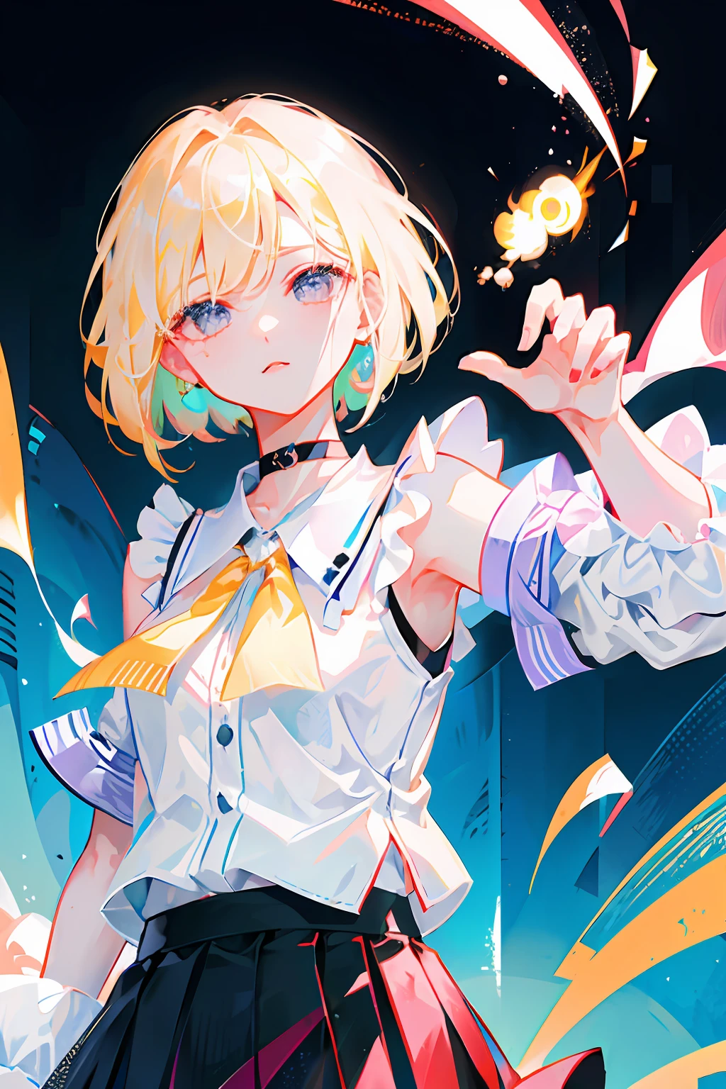 Best quality, 超高分辨率, (Photorealistic:1.4), 1womanl, sleeveless white button shirt, Black skirt, Black choker, Cute, (Kpop idol), (aegyo sal:1), (Platinum blonde hair:1), ((Puffy eyes)), view the viewer, Girls all over, facing front