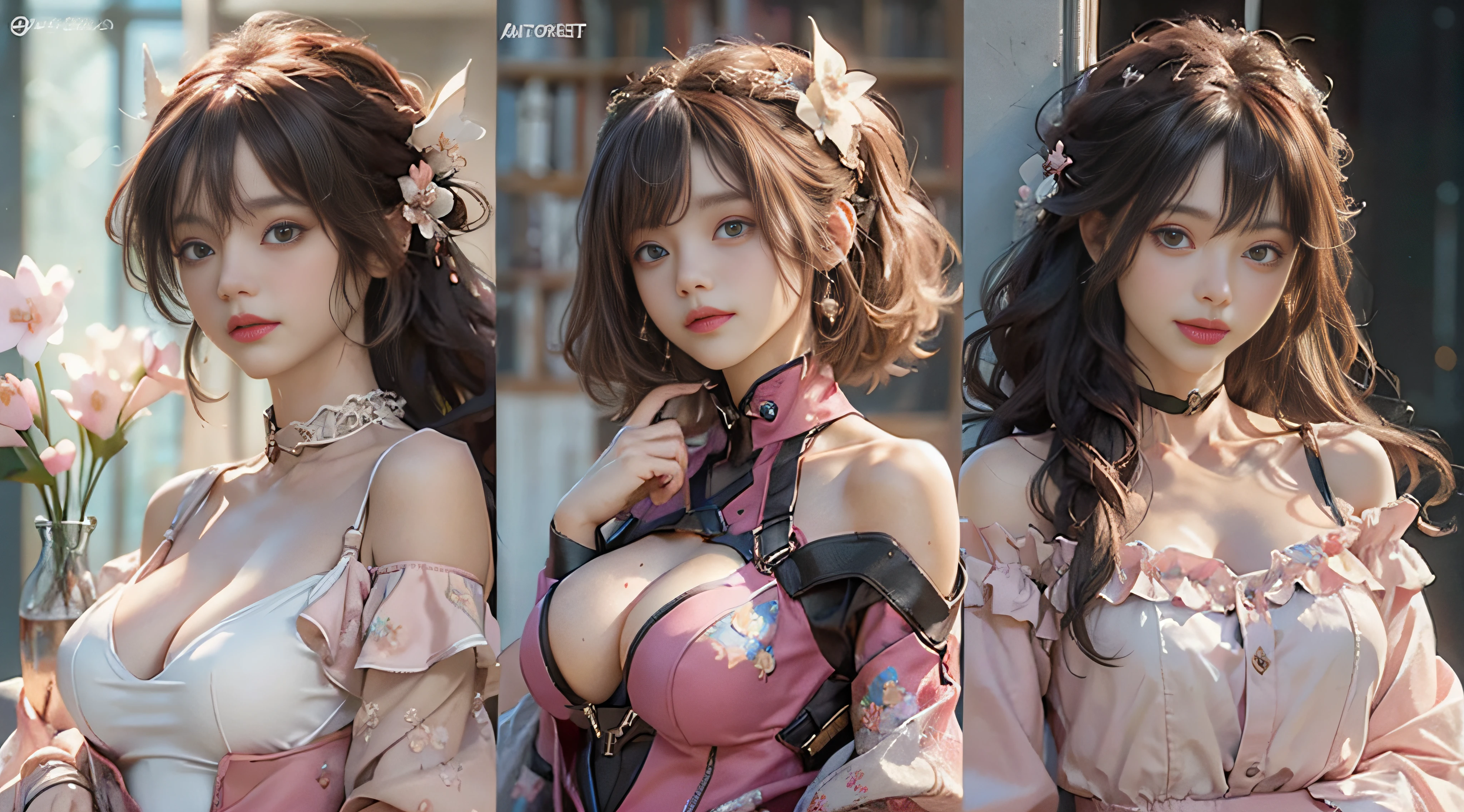 ((best qualtiy)), ((tmasterpiece)), (detail:1.4), 3D, Beautiful cyberpunk female images,hdr(HighDynamicRange),Ray traching,NVIDIA RTX,Hyper-Resolution,illusory ub-surface scaing,PBR textures,post-proces,Anisotropy Filtering,depth of fields,maximum definition and sharpness,Many-Layer Textures,Albedo e mapas Speculares,Surface coloring,Mitsu-Accurate simulation of material interacctly proportioned,rendering by octane,Two-colored light,largeaperture,Low ISO,White balance,Rule three points、8K raw data、beautiful bright pupils,off-the-shoulder clothes,Fine pupils,Delicate face and eyes,long eyelasher,Blushlush,Delicate and fluffy hair,Pink lips,Pure,Cute big breasts,Sweet ic sense,Casual wear,Advancedsense,butterflys,Cherry blossom peteautiful hair accessories