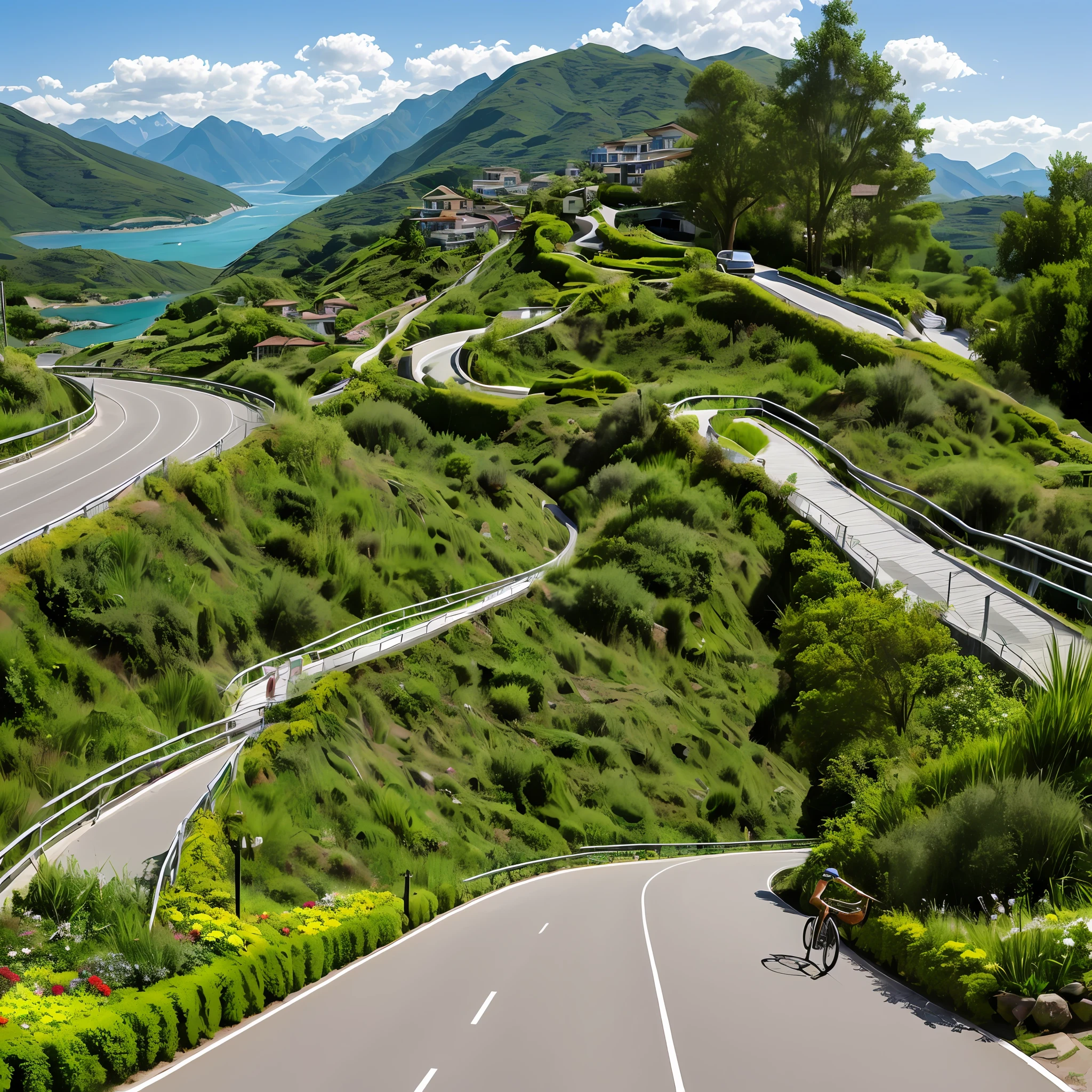 Town Two or three storeys high Narrow road Sea on the left Mountains on the right Bikes on the road Villa Black fence Garden Steps Green roof --auto