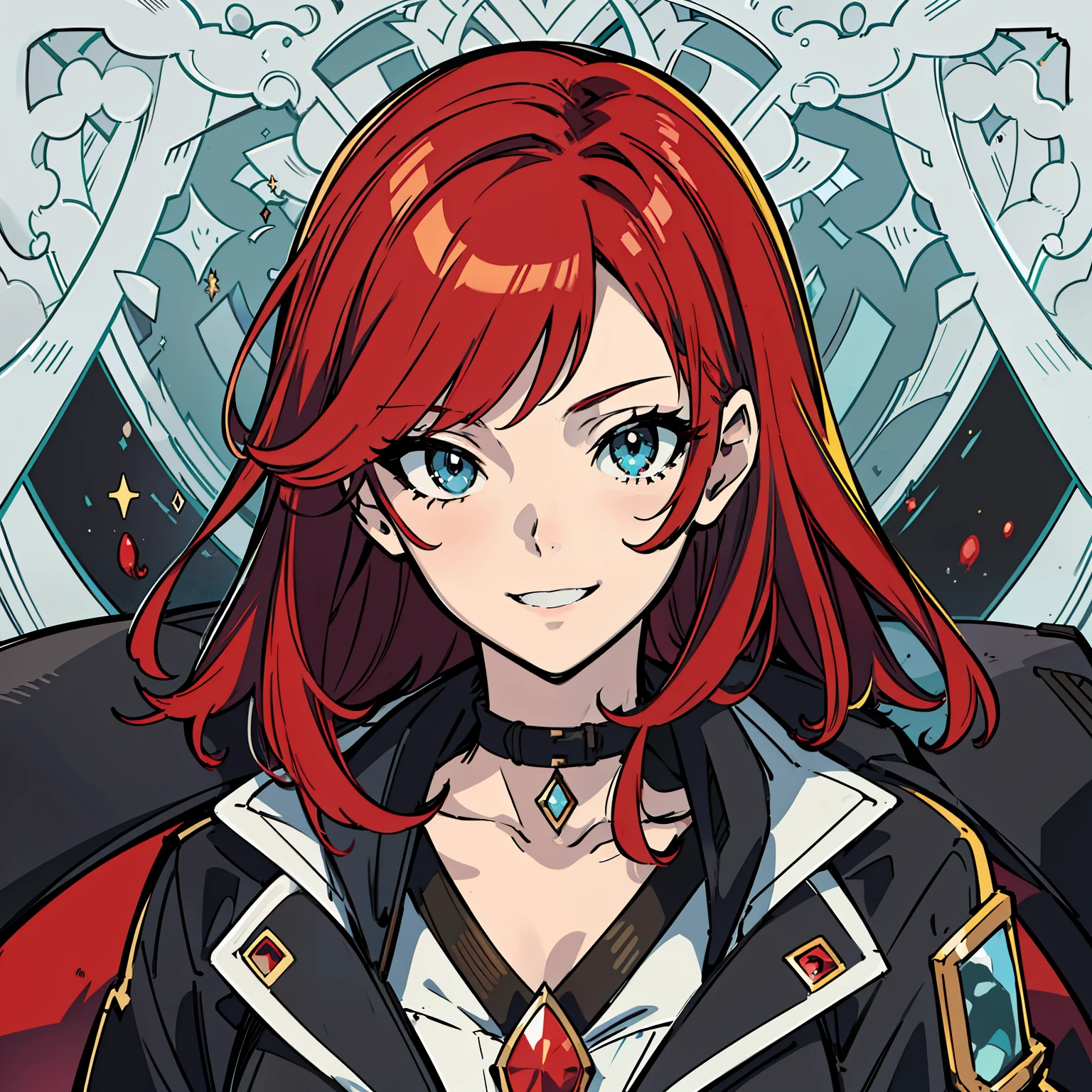 Anime - image in the style of a woman with red hair and aquamarine eyes,A slender,scarlet colored hair,Medium Hair,bob cuts,Wavy Hair,Black coat,Pale crimson flame, Female protagonist 👀 :8,Crisp and clear RPG,cyarine, Fine details,girls' frontline,detailed anime character art,kindly smile,
