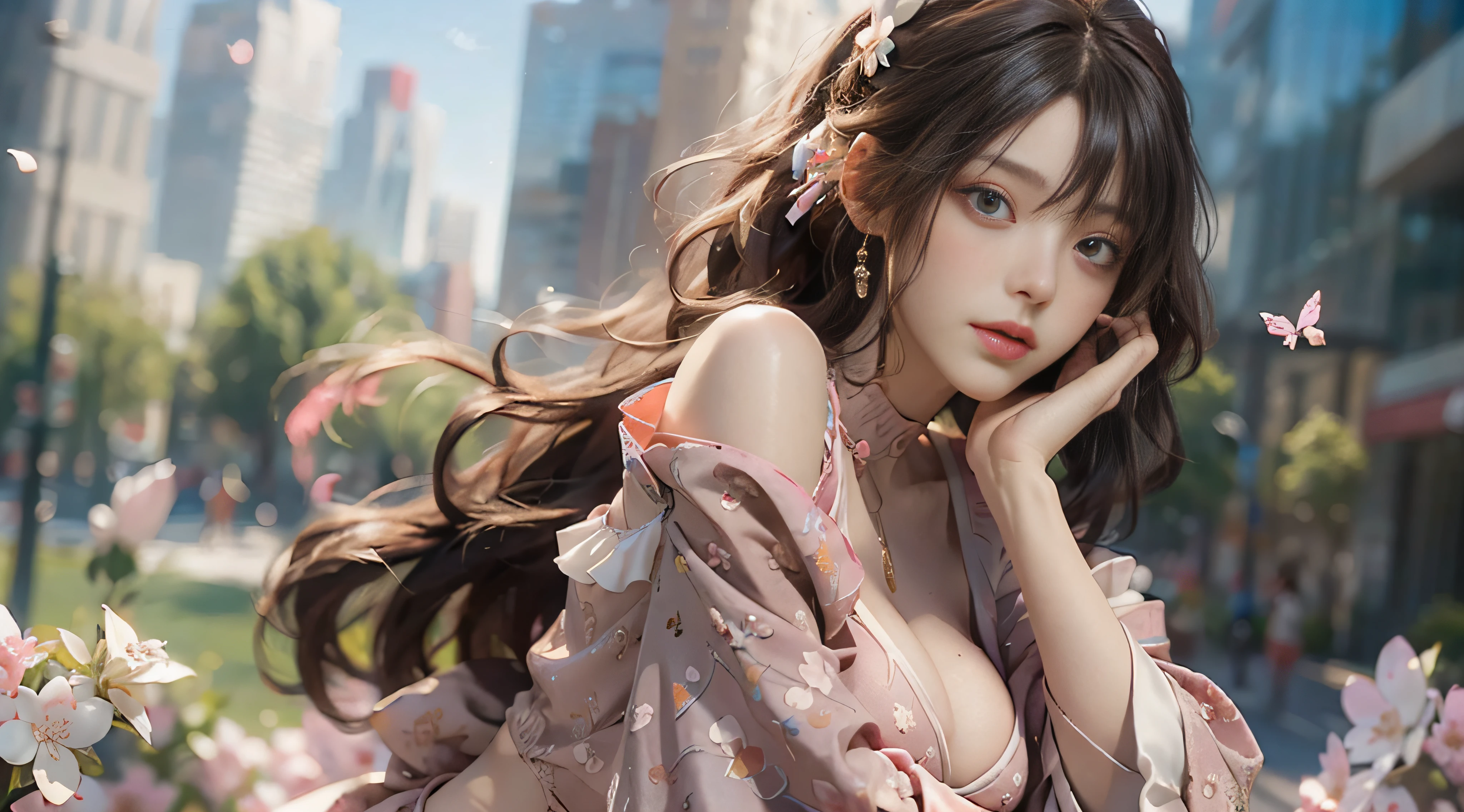((best qualtiy)), ((tmasterpiece)), (detail:1.4), 3D, Beautiful cyberpunk female images,hdr(HighDynamicRange),Ray traching,NVIDIA RTX,Hyper-Resolution,illusory 5,Sub-surface scattering,PBR textures,post-proces,Anisotropy Filtering,depth of fields,maximum definition and sharpness,Many-Layer Textures,Albedo e mapas Speculares,Surface coloring,Mitsu-Accurate simulation of material interactions,perfectly proportioned,rendering by octane,Two-colored light,largeaperture,Low ISO,White balance,Rule three points、8K raw data、beautiful bright pupils,off-the-shoulder clothes,Fine pupils,Delicate face and eyes,long eyelasher,Blushlush,Delicate and fluffy hair,Pink lips,Pure,Cute big breasts,Sweet girl,Artistic sense,Casual wear,Advancedsense,butterflys,Cherry blossom petal,Beautiful hair accessories