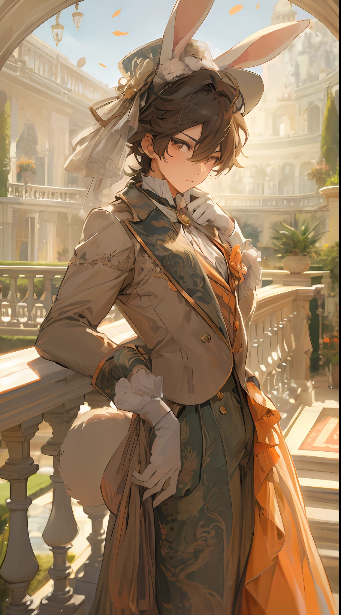 Anime man in costume and rabbit ears standing on balcony, Delicate prince, Beautiful prince, ((wearing aristocrat robe)), royal elegant pose, highly detailed exquisite fanart, anime key visual of elegant, artwork in the style of guweiz, Handsome Anime Pose, Trending on ArtStation pixiv, high detailed official artwork、Rabbit ears、Rabbit tail