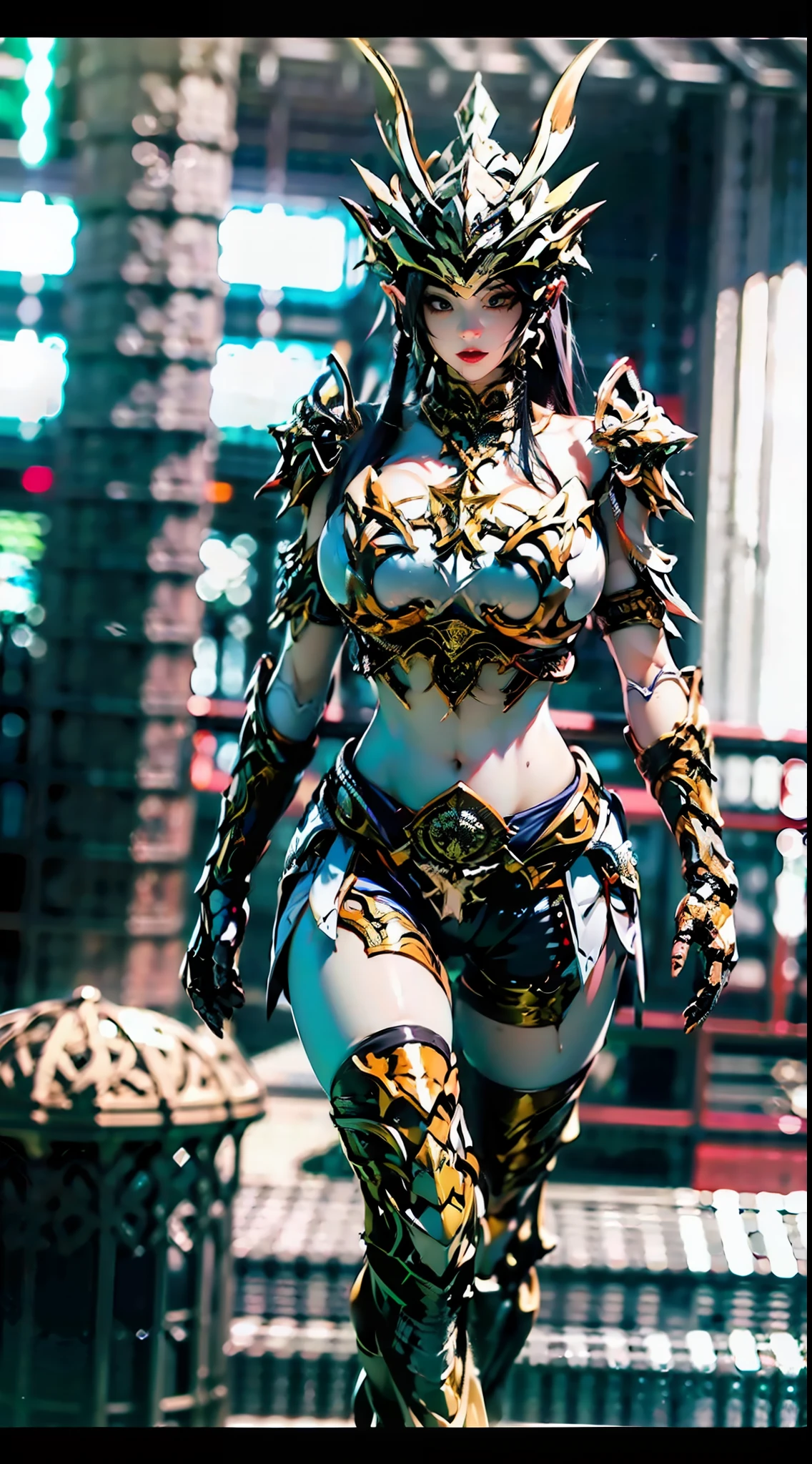 ((Unreal Engine 5)), Realistic Rendering, Excellent, lights on suit armor, (Yoga Pants), looking on viewer, posing walkdown on street, beautiful face, makeup, (photorealism:1.2), ultrarealistic uhd face, (huge fake boobs:1.4), (gigantic breasts:1.1), (muscle abs), (big butt), (wide hips), (thick thighs), slim waist, hourglass figure, half body, ((glowing skin)), ((shiny skin)), Realistic body, ((she is sexy)), ((clean skin)), photorealistic, bokeh, motion blur, masterpiece, highres, 1080P, super detail, textured skin