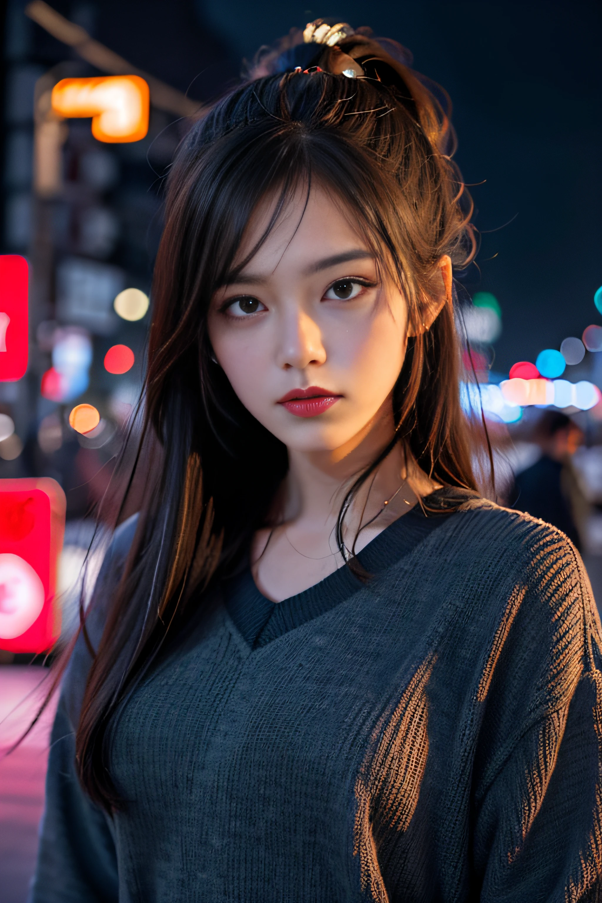1girl, Tokyo street,night, cityscape,city lights, upper body,close-up, 8k, RAW photo, best quality, masterpiece,realistic, photo-realistic,