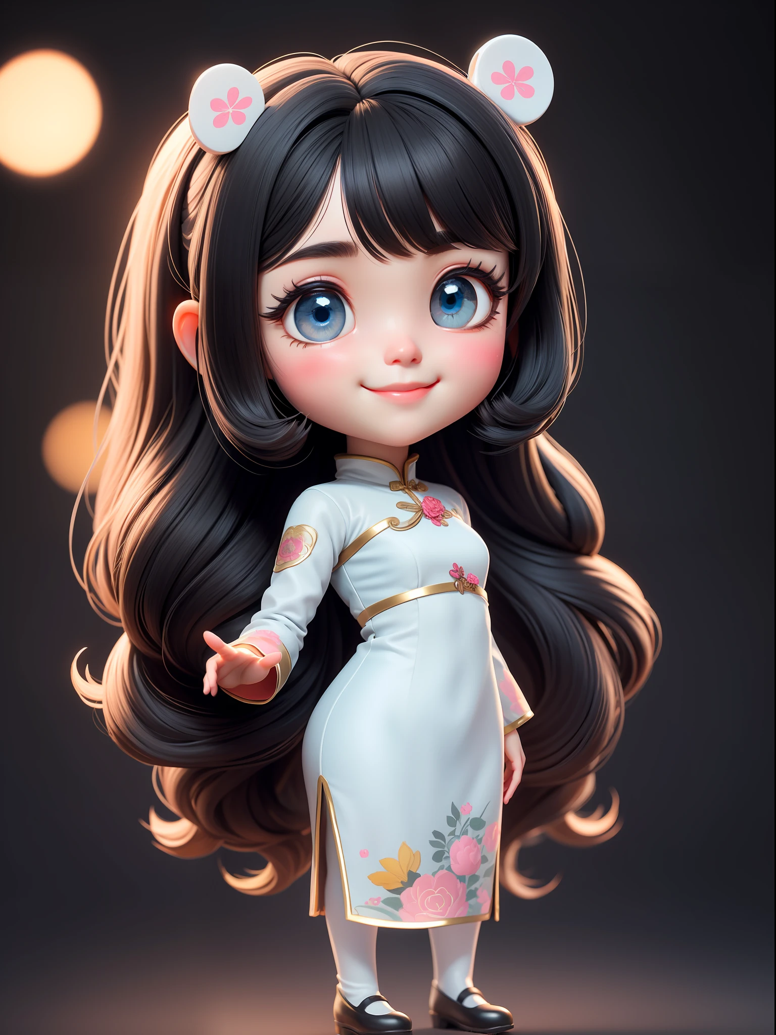 (Masterpiece), (Best Quality), (Super Detail), (Full Body: 1.2), 1 Girl in aodai tradition vietnam, Chibi, Cute, Smile, Colorless Background, Blush, Straight Hair, Long Hair, Blurry, Black Hair, Blush Stickers, Bangs, (Beautiful Detailed Face), (Beautiful Detailed Eyes), Full Body,