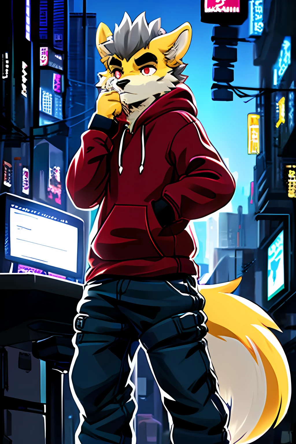 Kopotev，Dog boy， tmasterpiece，best qualityer，Ridiculous res，Kiyosan，Empty ghost， hairy pubic， male people， 独奏， hoody， trouser， blackpupil， 黑The eye， Thick eyebrows， two tone fur， scars on eyes， looking at viewert，Detailed fur，fluffly，coda， detailedbackground， alleys