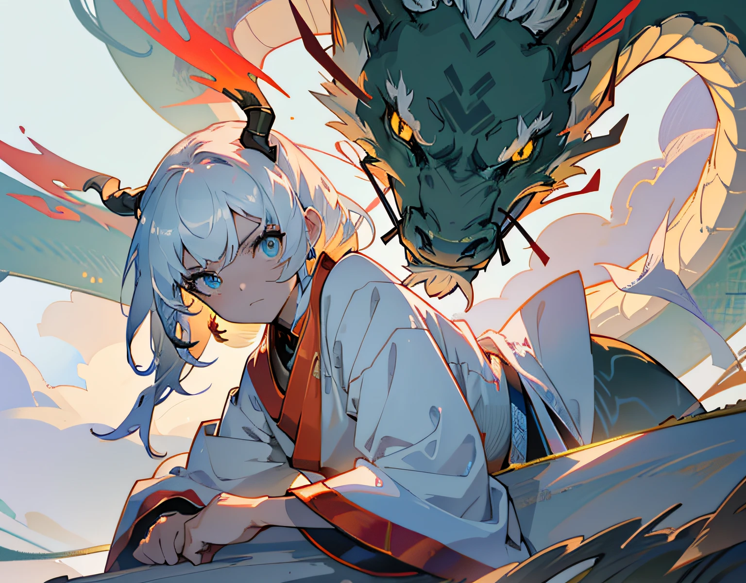 This scene depicts a dramatic dragon，A complete dragon flies in the sky。Dragons are bruised，A dragon wearing mecha mechanics，gleaming in the sunlight。The clouds are layered on top of each other，Clouds and wind surround the dragon。The dragon's expression was fierce and calm，It conveys strength and wisdom。The image should have high resolution and high quality，The dragon is clearly focused，Clouds and background blur dreams。The angle of the camera should be slightly lower than the tap，It gives a sense of its grandeur and size，The light should be soft and diffuse，It creates a mysterious and dreamy atmosphere。