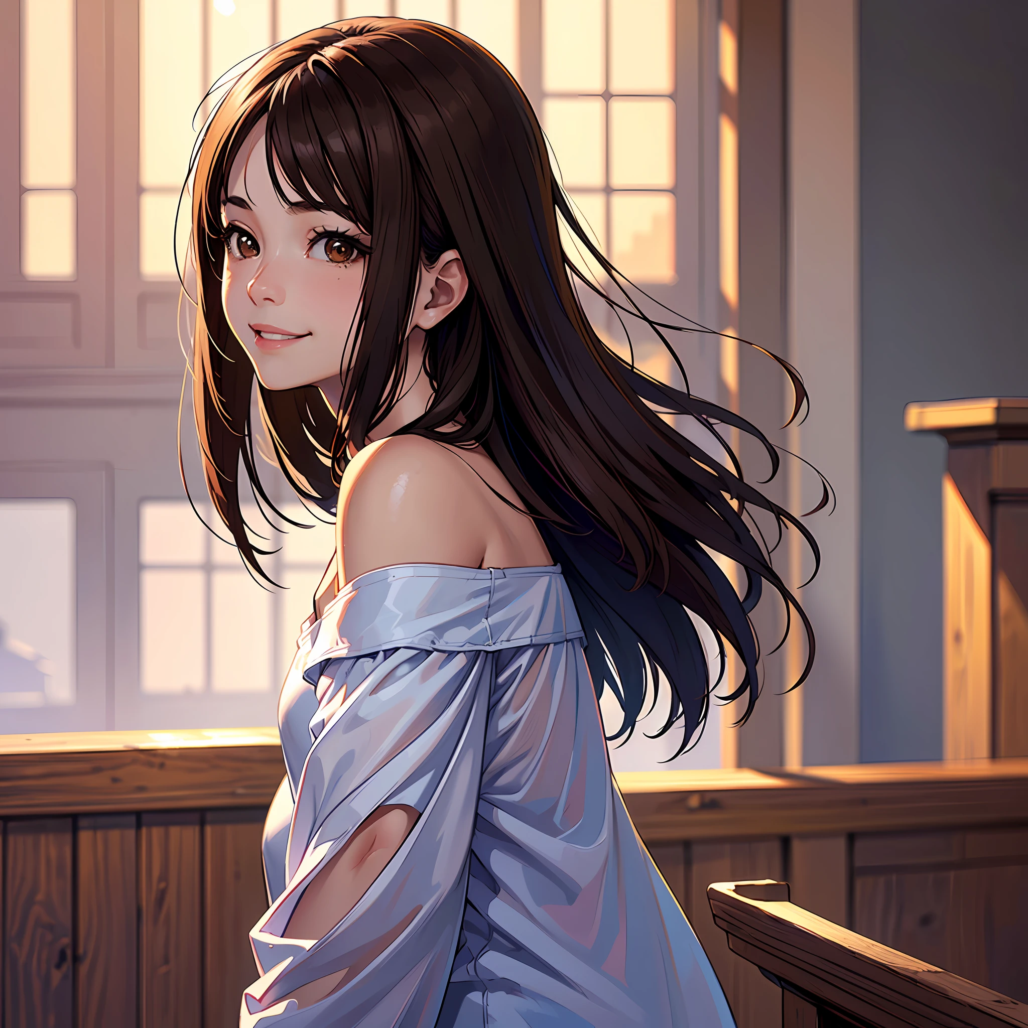 best quality, face focus, soft light, (depth of field) ,ultra high res, (photorealistic:1.4), RAW photo, (portrait:1.4) ,(from front) 1japanese girl, solo, cute, (shy, smile:1.1), (brown eyes), detailed beautiful face, (midi_hair), The Great Hall of a European Castle, walking, (off shoulder shirt)