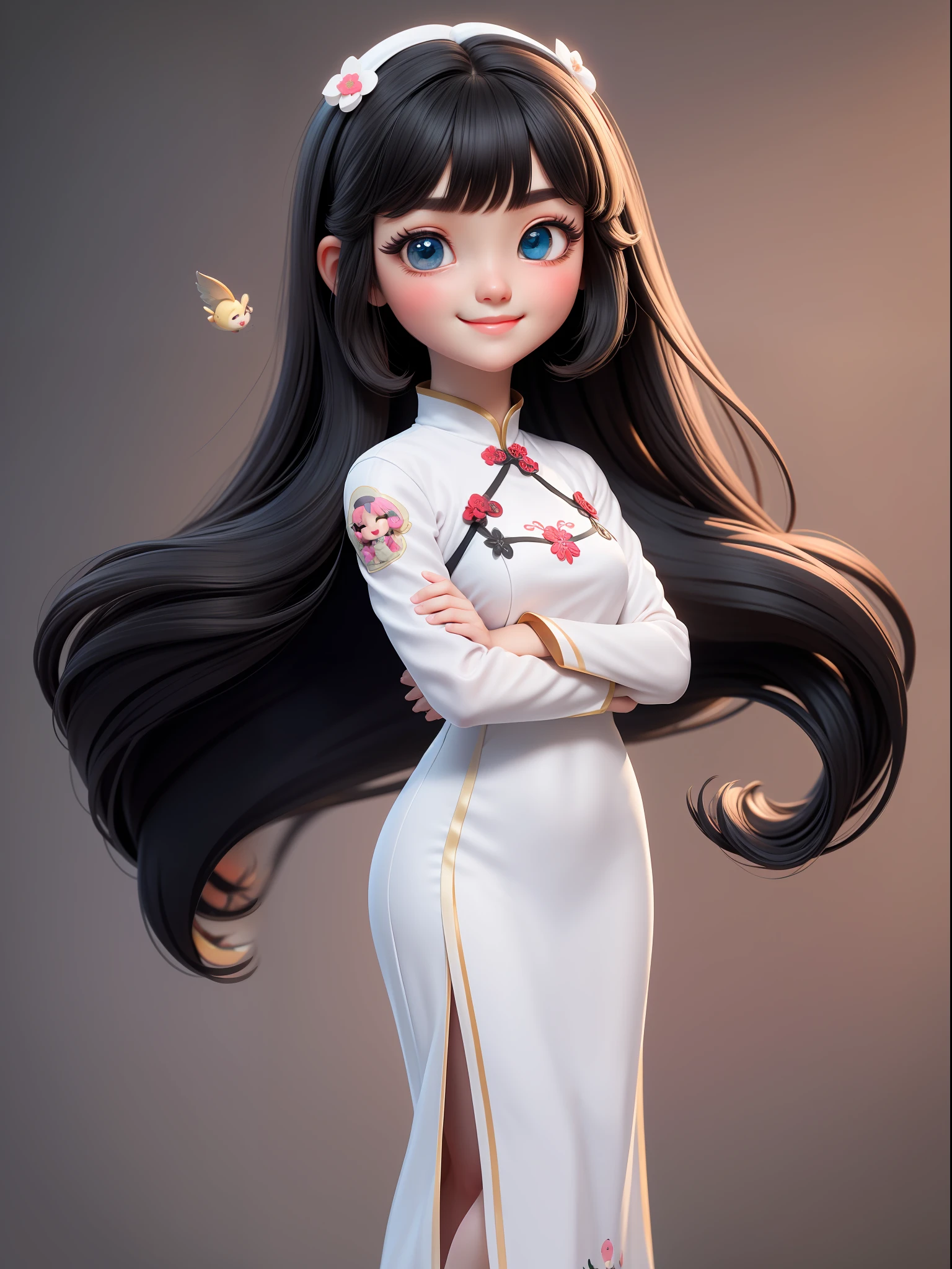 (Masterpiece), (Best Quality), (Super Detail), (Full Body: 1.2), 1 Girl in white tradition aodai vietnam, Chibi, Cute, Smile, Colorless Background, Blush, Straight Hair, Long Hair, Blurry, Black Hair, Blush Stickers, Bangs, (Beautiful Detailed Face), (Beautiful Detailed Eyes), Full Body,