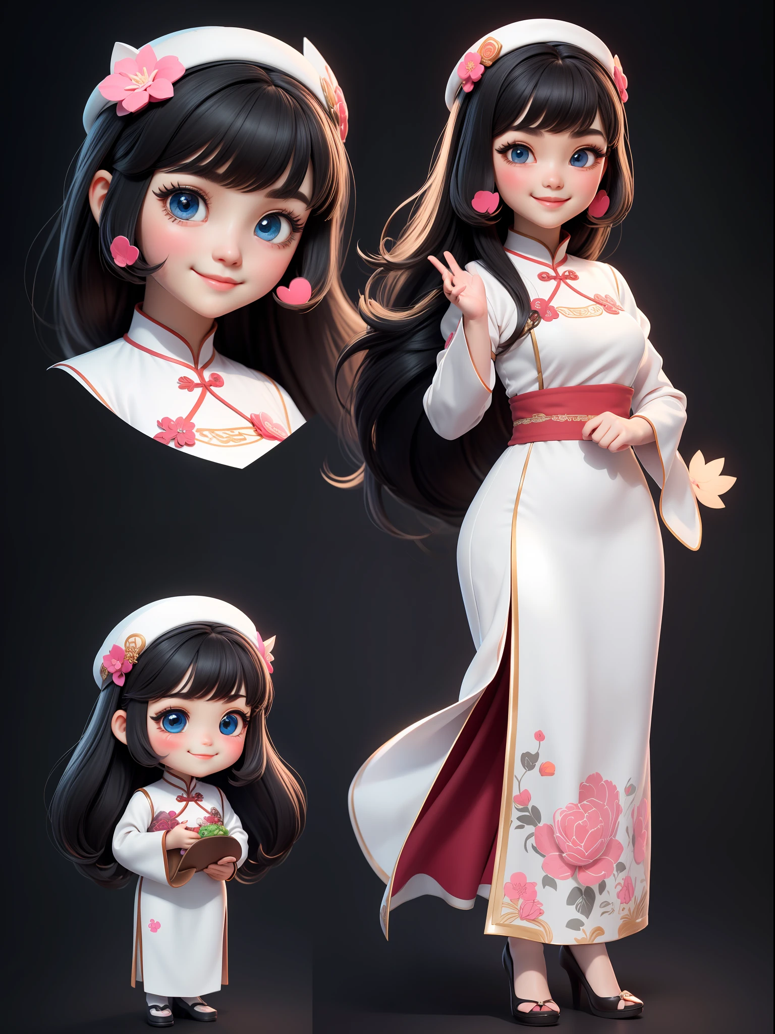 (Masterpiece), (Best Quality), (Super Detail), (Full Body: 1.2), 1 Girl, Chibi, Cute, Smile, Colorless Background, White tradition aodai vietnamese, Blush, Straight Hair, Long Hair, Blurry, Black Hair, Blush Stickers, Bangs, (Beautiful Detailed Face), (Beautiful Detailed Eyes), Full Body,