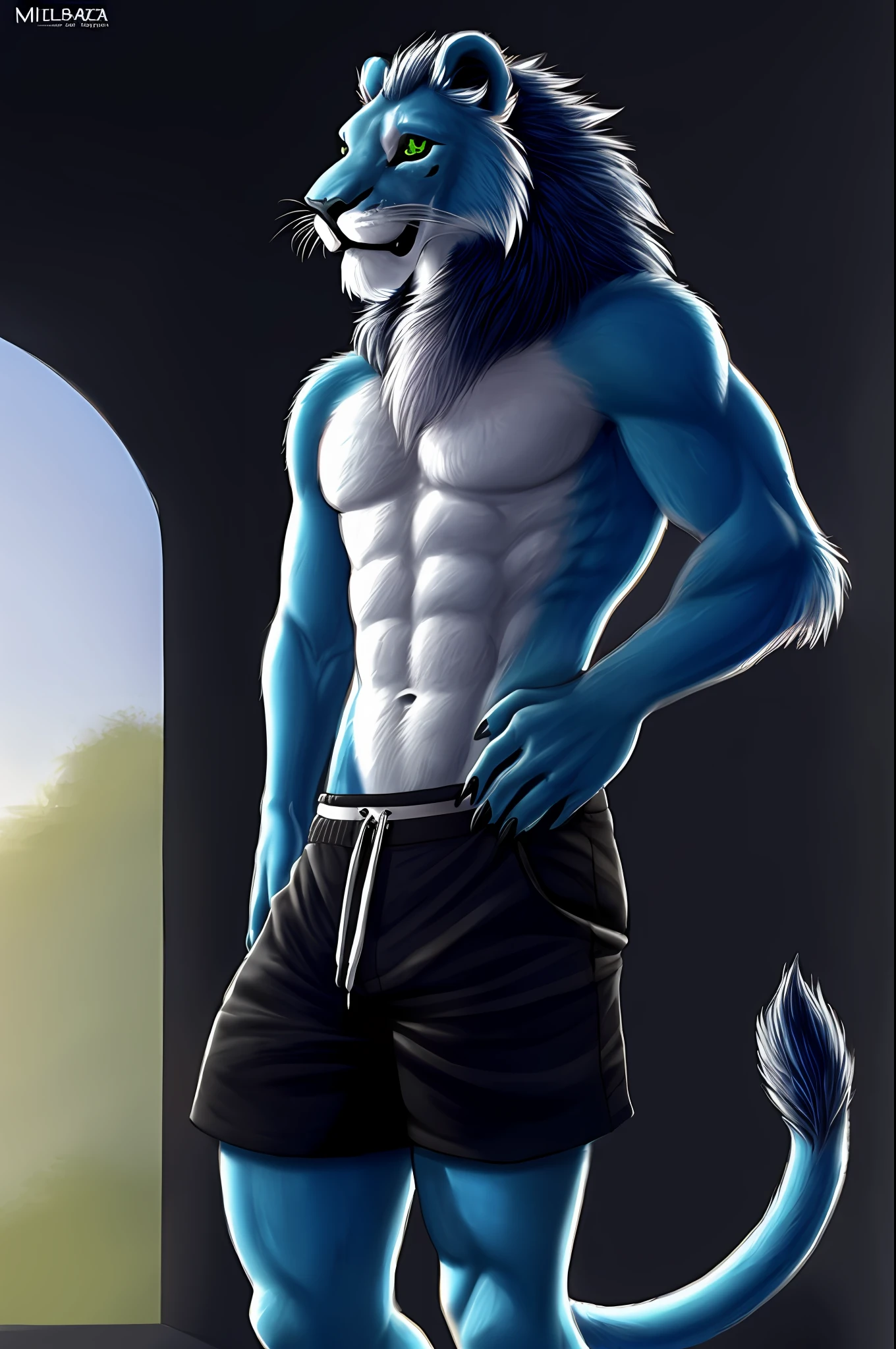 An anthropomorphic blue lion with green eyes, melena azul oscuro (alrededor del cuello), cuerpo azul, garras azules, ojos azules, pelaje azul, nariz azul, garras, pelaje, fondo degradado, feliz, head tuft, mirando al espectador, boca abierta, sonrisa abierta, shorts negros, pose sexy, pecho blanco, melena azul