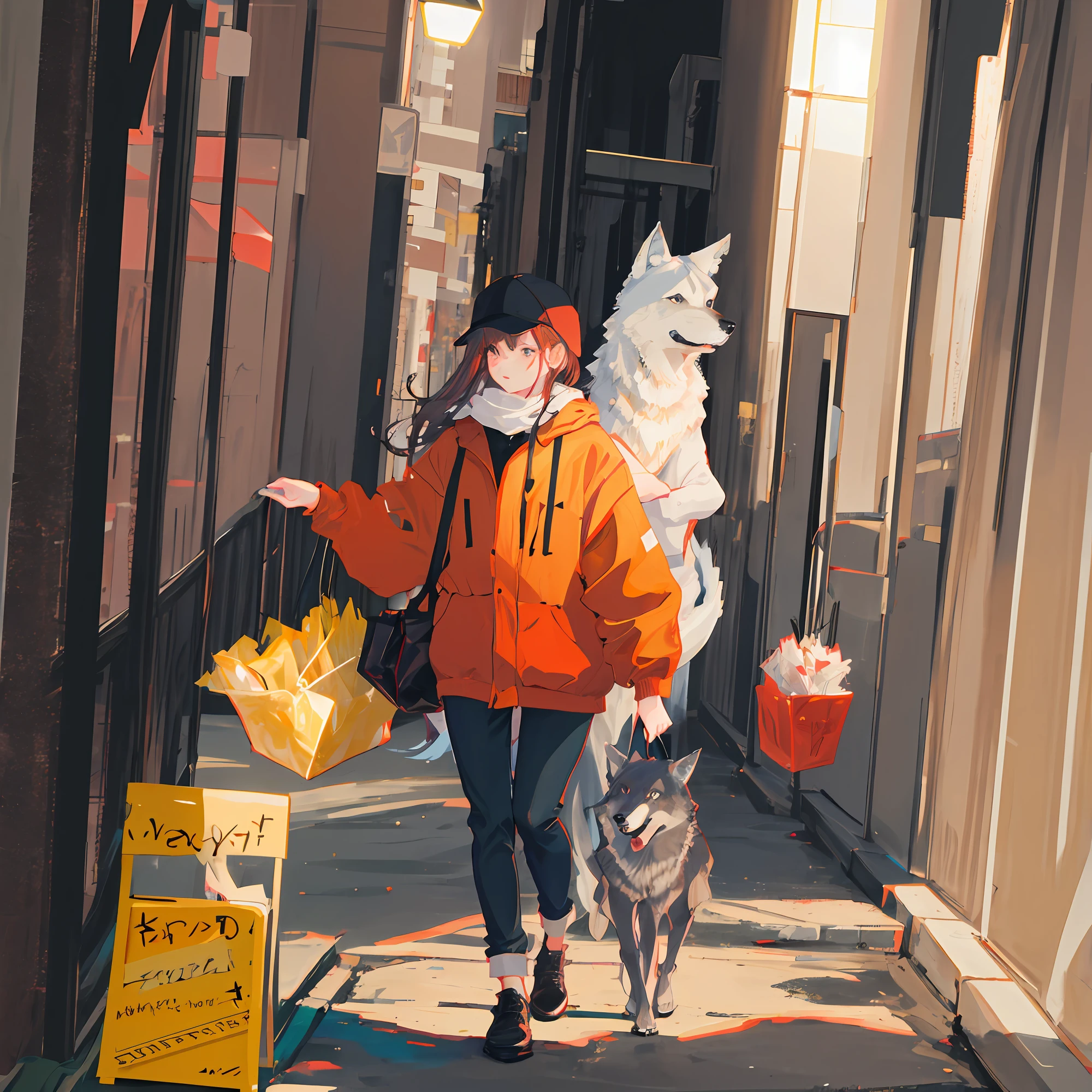 Girl standing on the street with a wolf, Sateen, the night