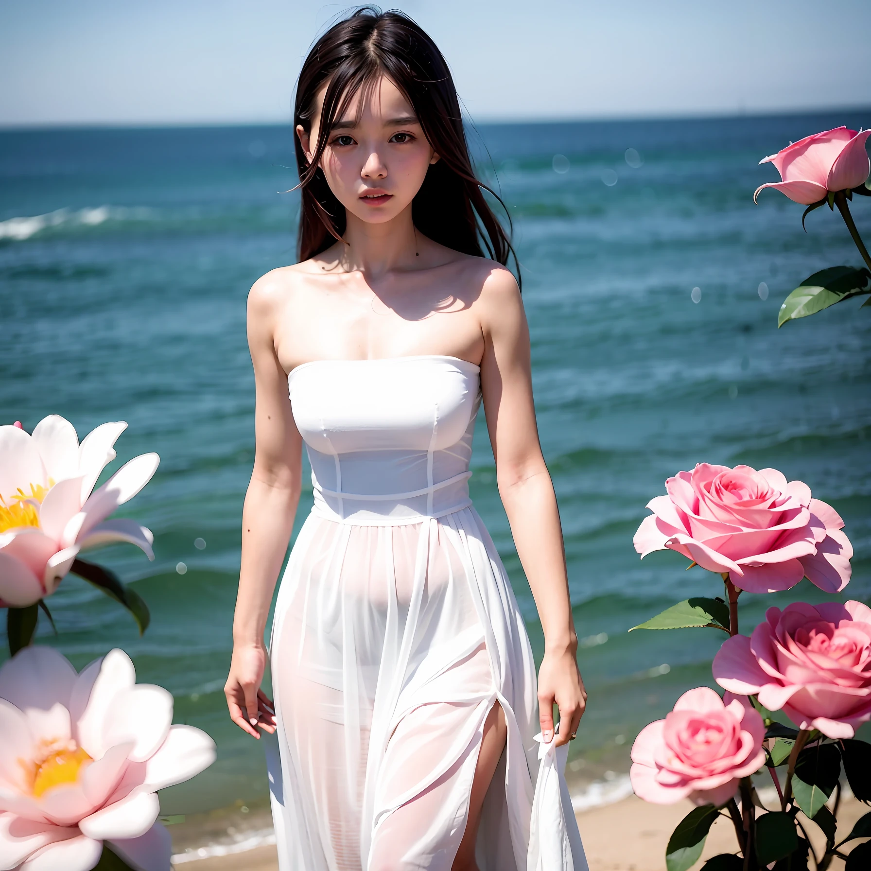 Ju Jingyi,Holding roses in both hands,Wearing a white bandeau dress,Gaze at me affectionately,Standing in front of a sea of pink flowers