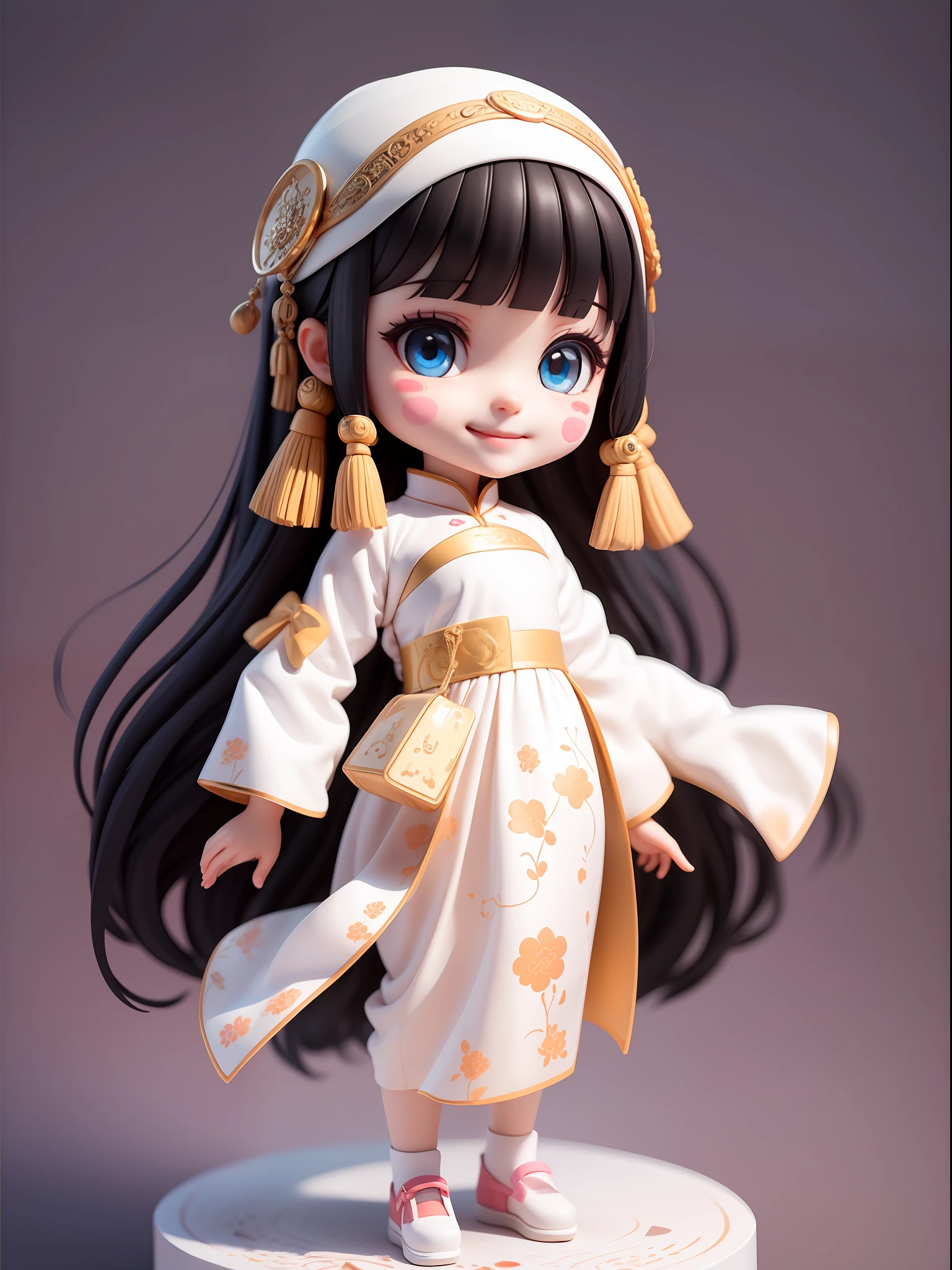 (Masterpiece), (Best Quality), (Super Detail), (Full Body: 1.2), 1 Girl, Chibi, Cute, Smile, Colorless Background, White tradition aodai, Blush, Straight Hair, Long Hair, Blurry, Black Hair, Blush Stickers, Bangs, (Beautiful Detailed Face), (Beautiful Detailed Eyes), Full Body,