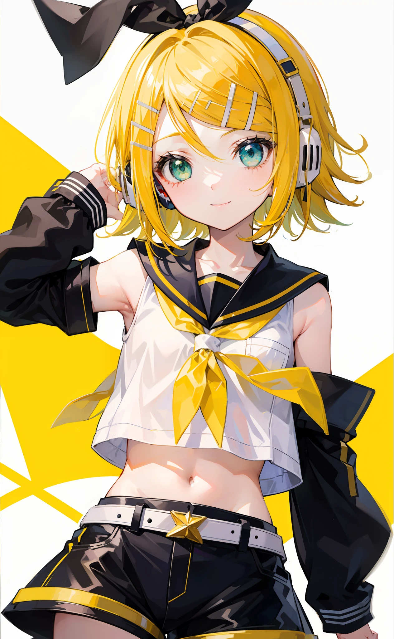top-quality、super precision、Onegirl、(kagamine_Rin)、Green eyes、Cute little girl s、Shorthair、White hair ribbon、hair clips、headphones、a blond、a sailor suit、Black shorts、a belt、Yellow neckerchief、Sleeveless、ssmile、High school students、Older sister、white backgrounid