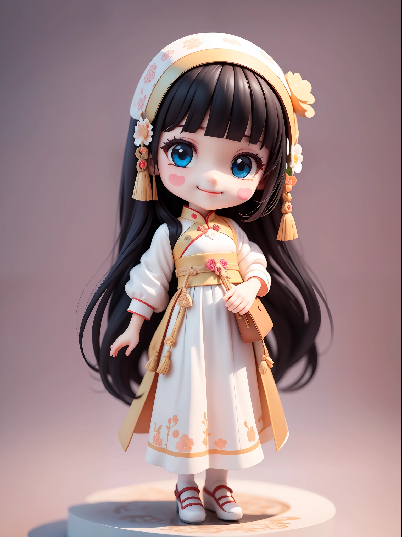 (Masterpiece), (Best Quality), (Super Detail), (Full Body: 1.2), 1 Girl, Chibi, Cute, Smile, Colorless Background, White tradition aodai, Blush, Straight Hair, Long Hair, Blurry, Black Hair, Blush Stickers, Bangs, (Beautiful Detailed Face), (Beautiful Detailed Eyes), Full Body,