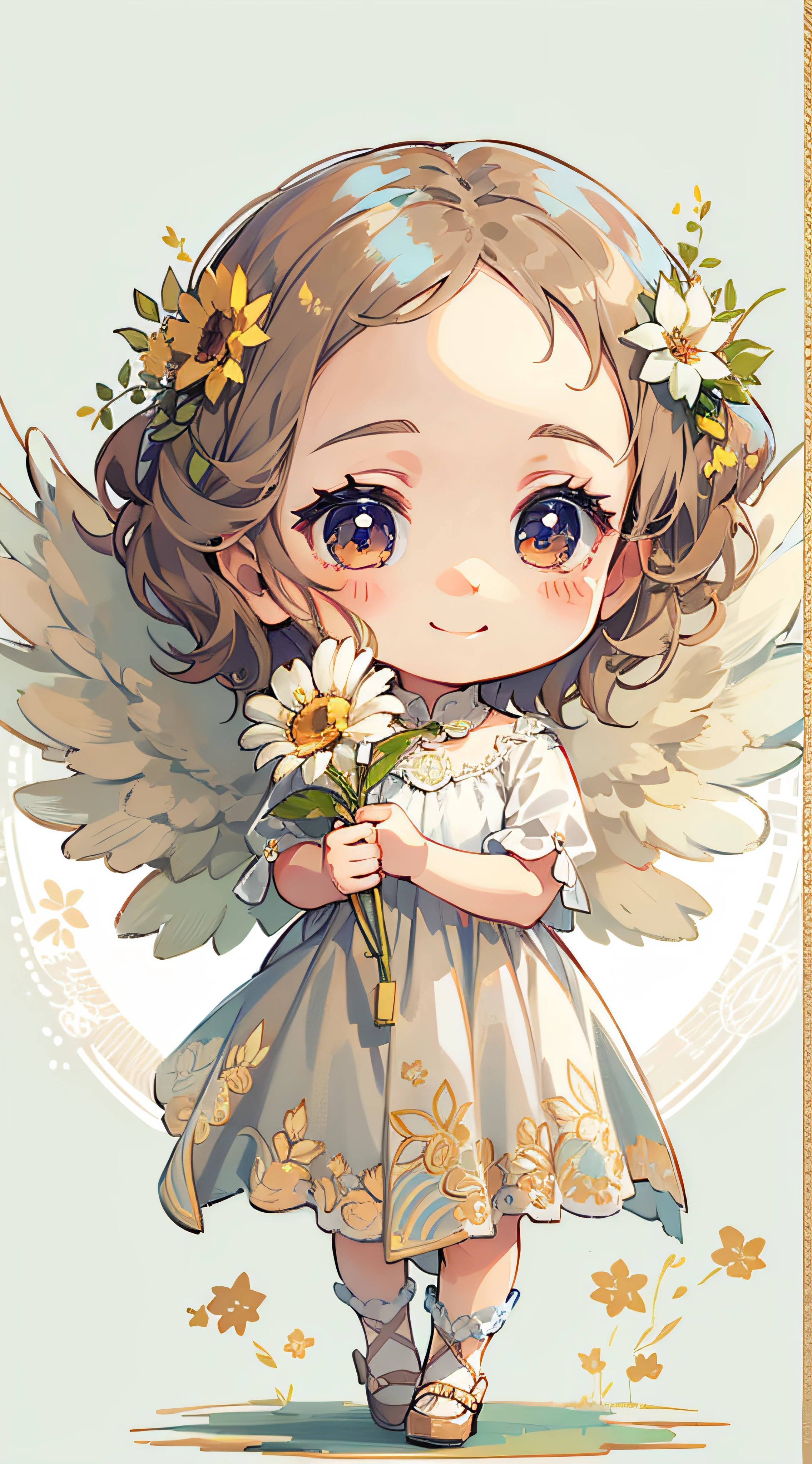 Little Angel, estilo chibi, With angel wings, Gentle smile, holding a flower, Vintage Long Dresses、colorfull dress, Isolated on plain white background, Show full body
