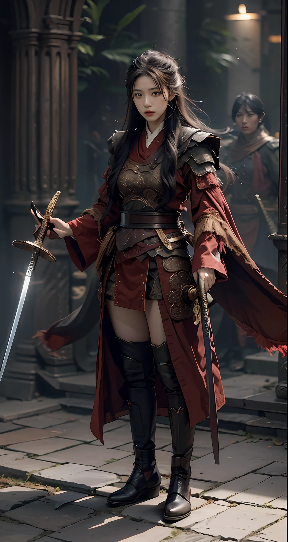 tmasterpiece,Best quality at best,Photorealsitic,1girll,With a sword,Tall and tall,Slender physique,heroic look,Full body photo,