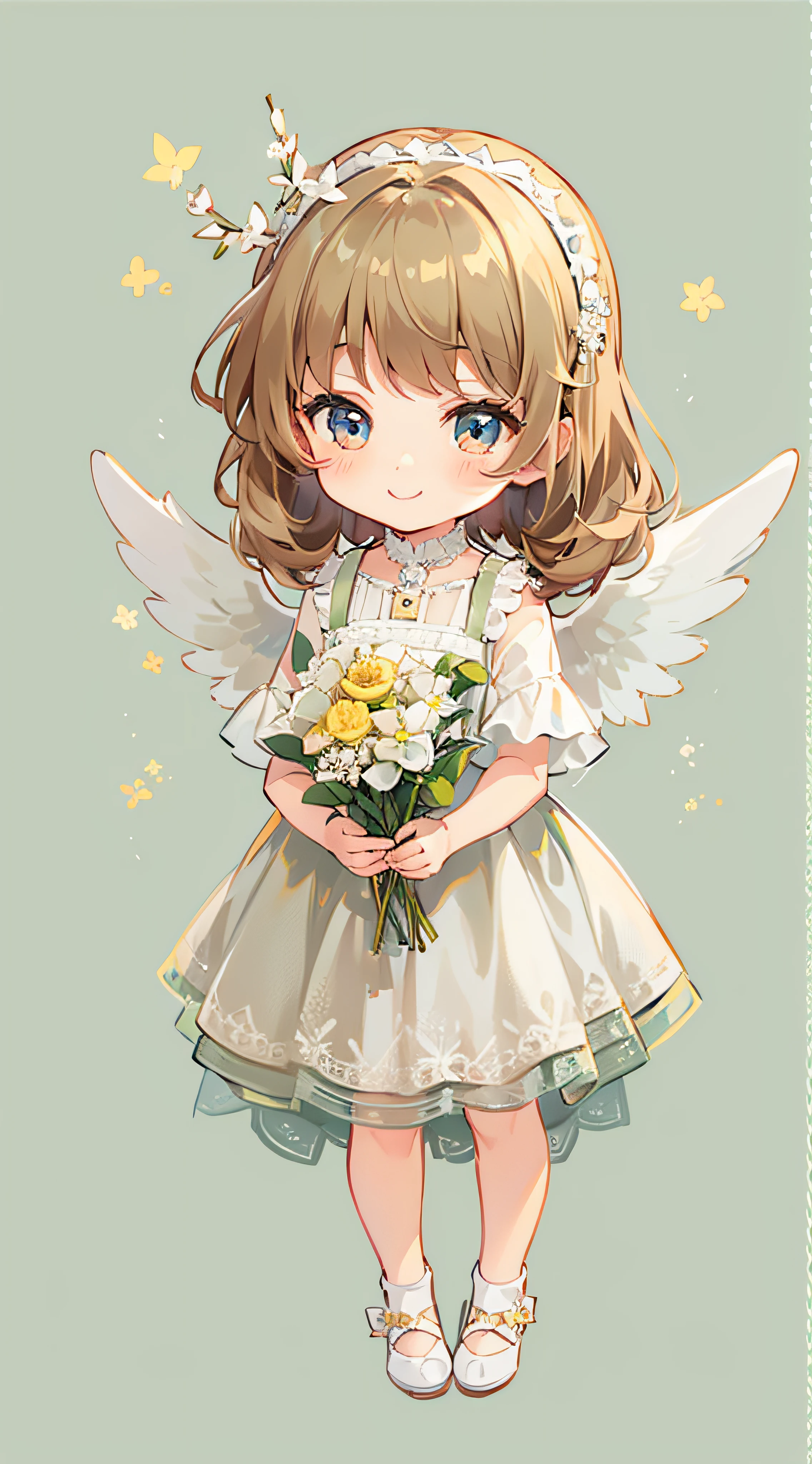 Little Angel, estilo chibi, With angel wings, Gentle smile, holding a flower, Vintage Long Dresses、colorfull dress, Isolated on plain white background, Show full body