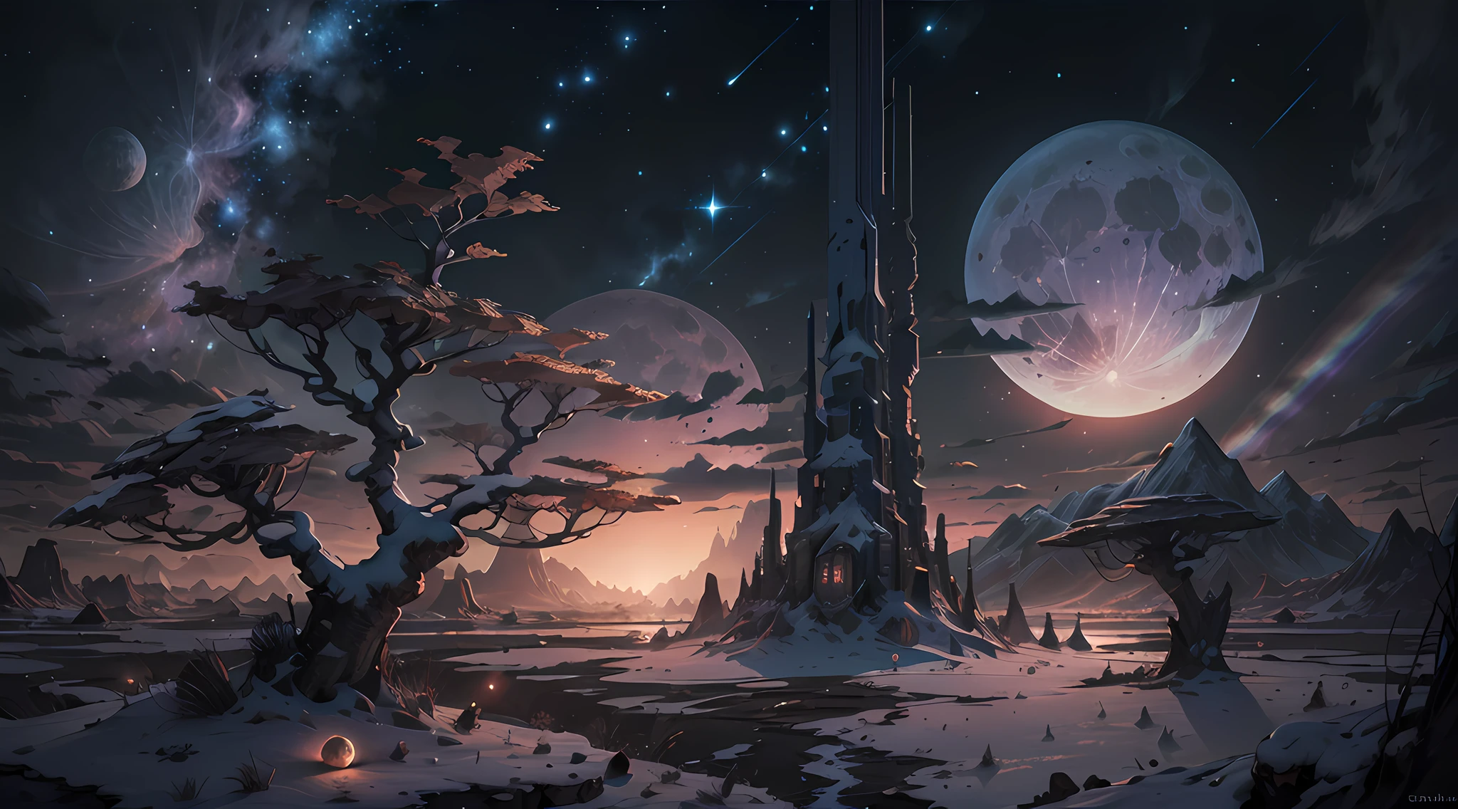 Expansive landscape photography, (See below.), Above is the sky, Below is an open field), (Full Moon: 1.2), (Meteor: 0.9), (Nebula: 1.3), distant mountain, BREAK tree making art, (Warm light source: 1.2), (Firefly: 1.2), lights, Very purple and orange, complicated detail, volume lighting, BREAK realism (Masterpiece: 1.2), (best quality), Ultra-detailed, RAWExtremely detailed, Colorful details, (Rainbow colors: 1.2), (bright lighting, atmospheric lighting), Dreamlike, Magical, 4k