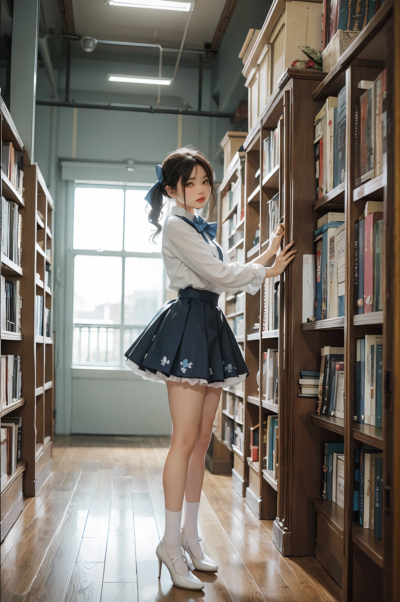 Woman standing alone in library, white blouse with blue floral pattern, blue bow tie, ruffled blue skirt, white ankle length socks, wearing pumps, white light background