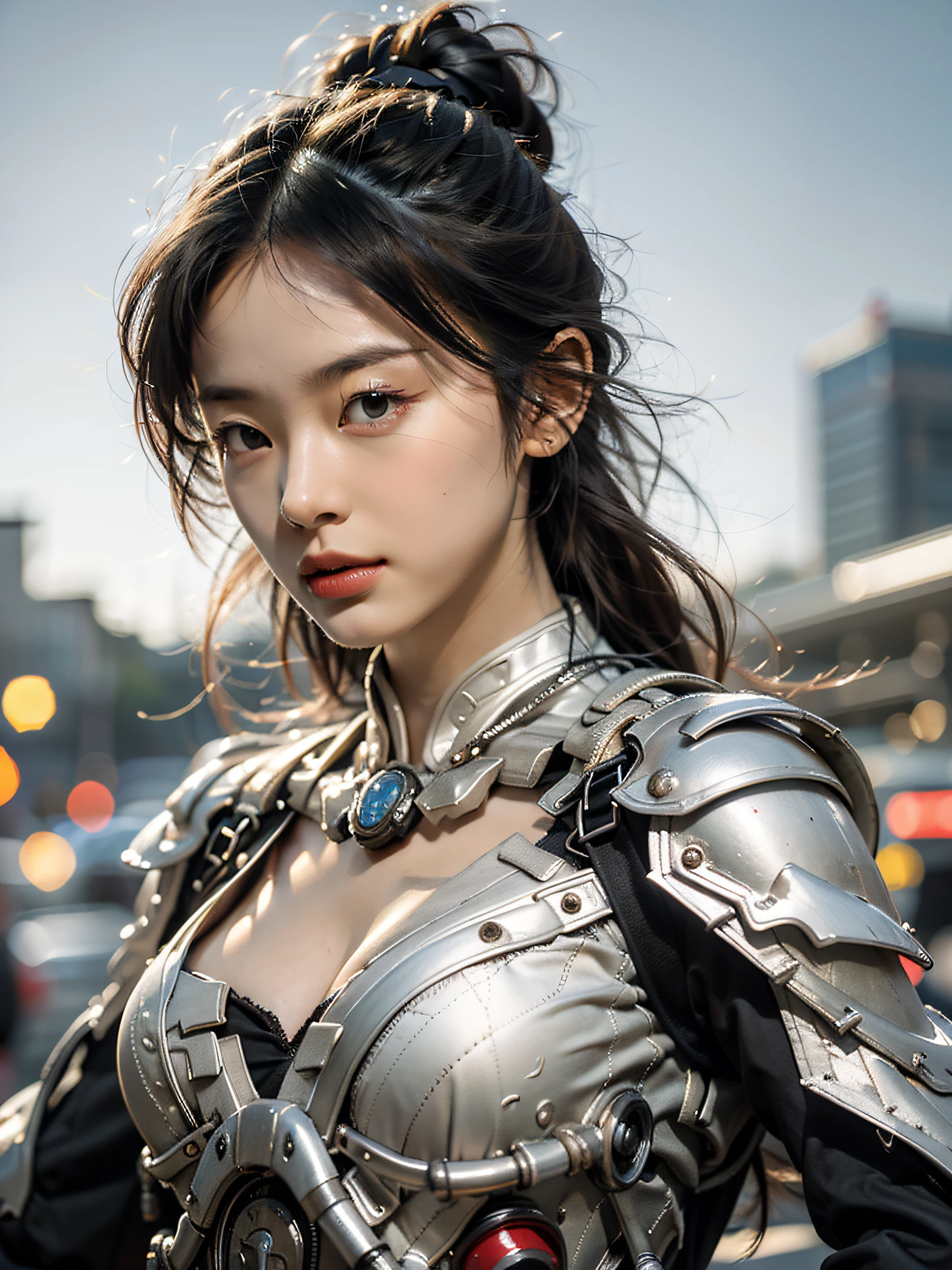 Best quality at best，tmasterpiece，超高分辨率，（真实感:1.4）,The sword，Detailed details,1girll,Combat posture,cleavage，a beauty girl，Hand-held weapons，mechs，A mechanical，ellegance，Clear focus，gentlesoftlighting，vivd colour，tmasterpiece，