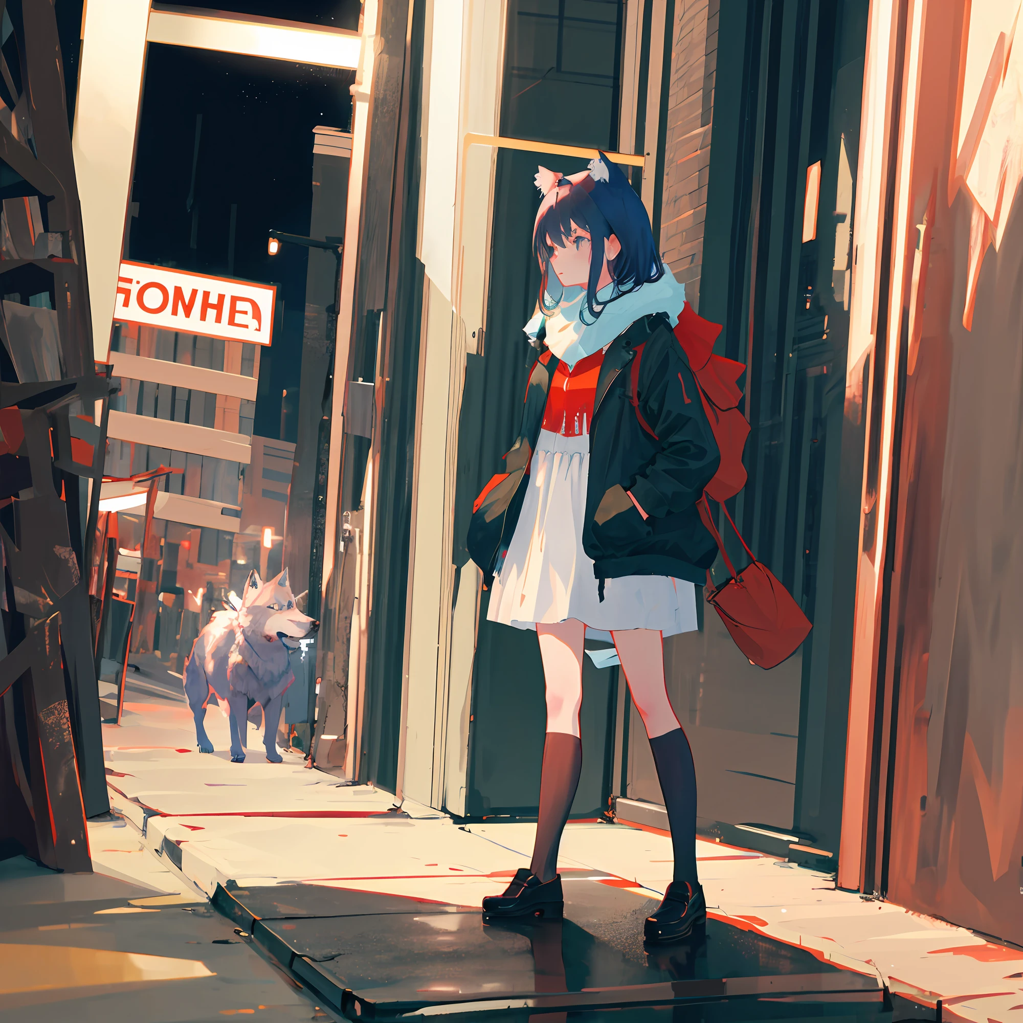 Girl standing on the street with a wolf, Sateen, the night